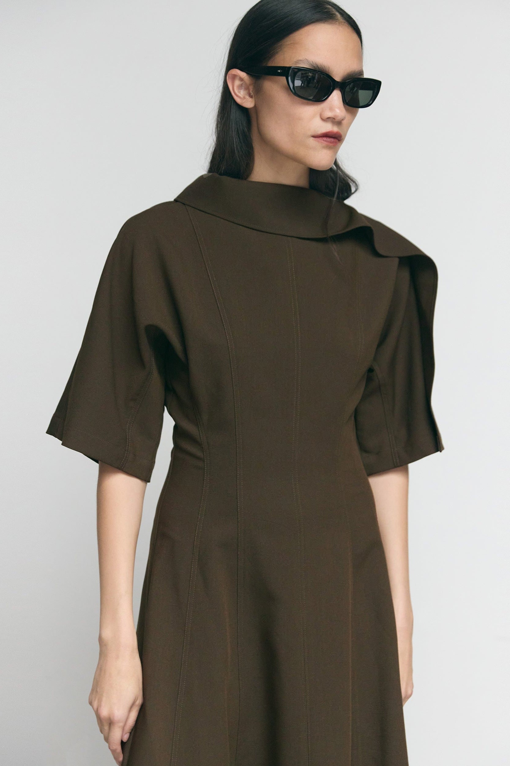 light brown dress shoes with jeans Addison Foldover Scarf-Neck Dress in Olive Brown