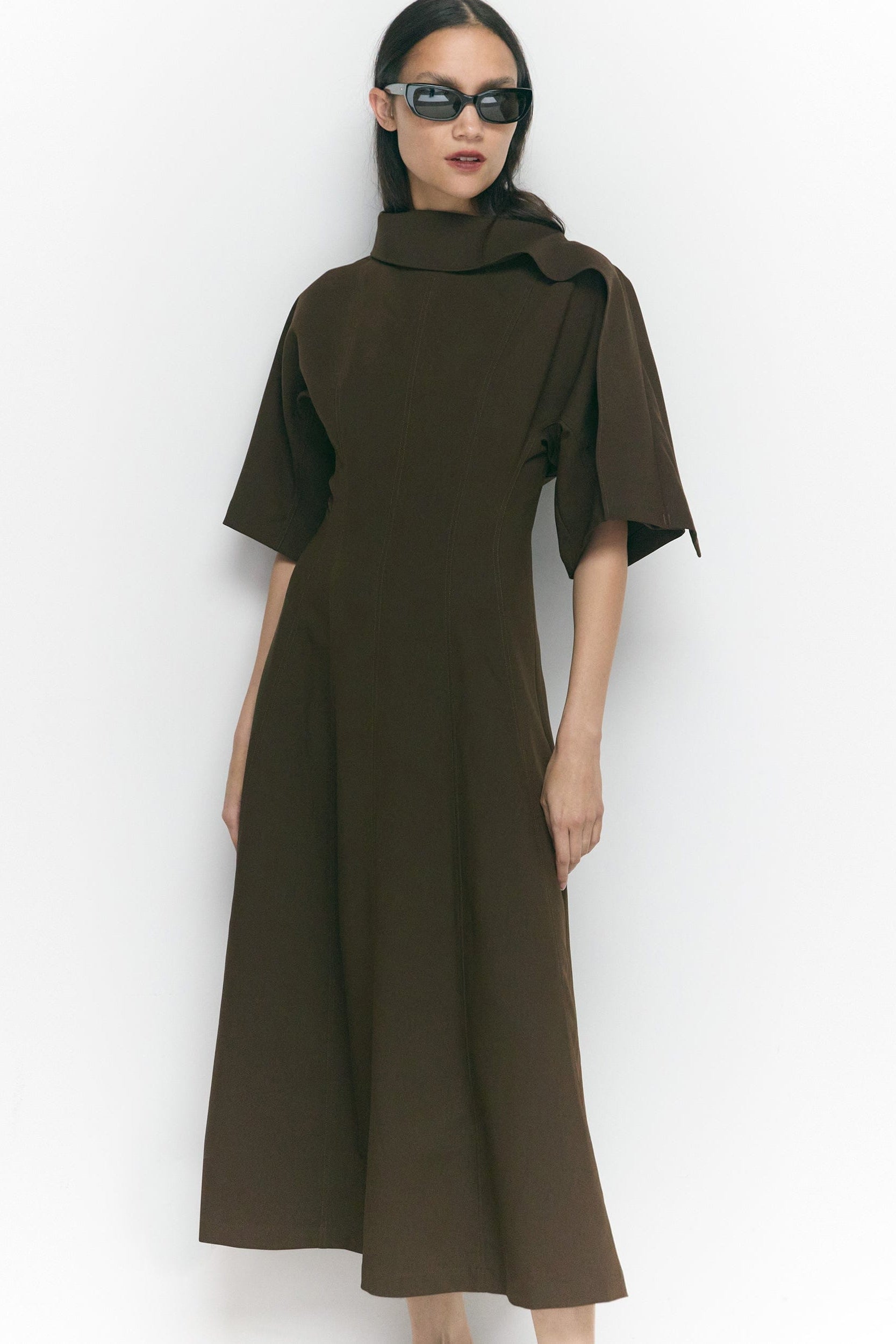 Addison Women's Scarf Neck Midi Dress in Olive Brown, Size M Addison Women's Scarf Neck Midi Dress in Olive Brown, Size M