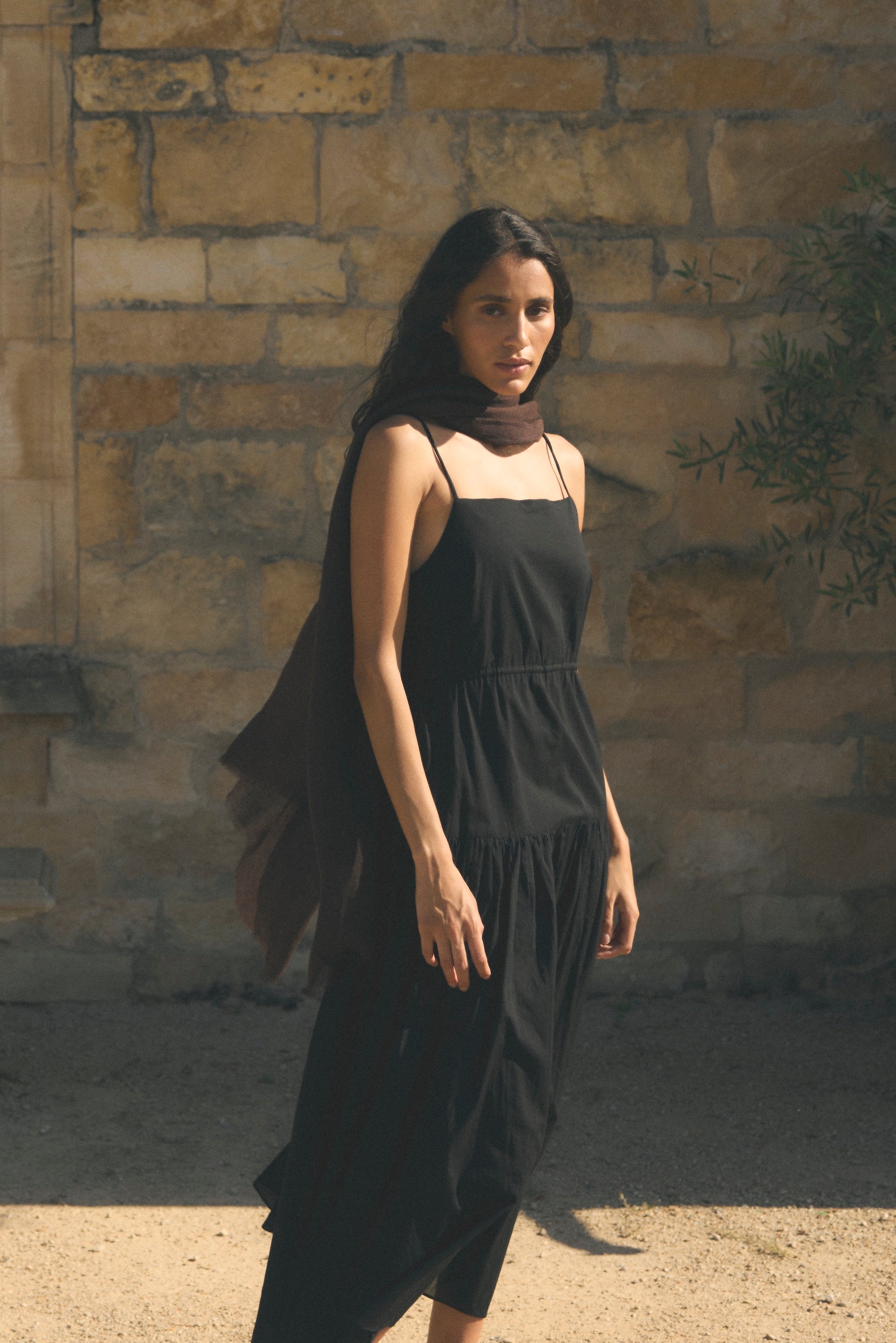 Dalia Tie-Waist Tiered Organic Cotton Dress Black / XL