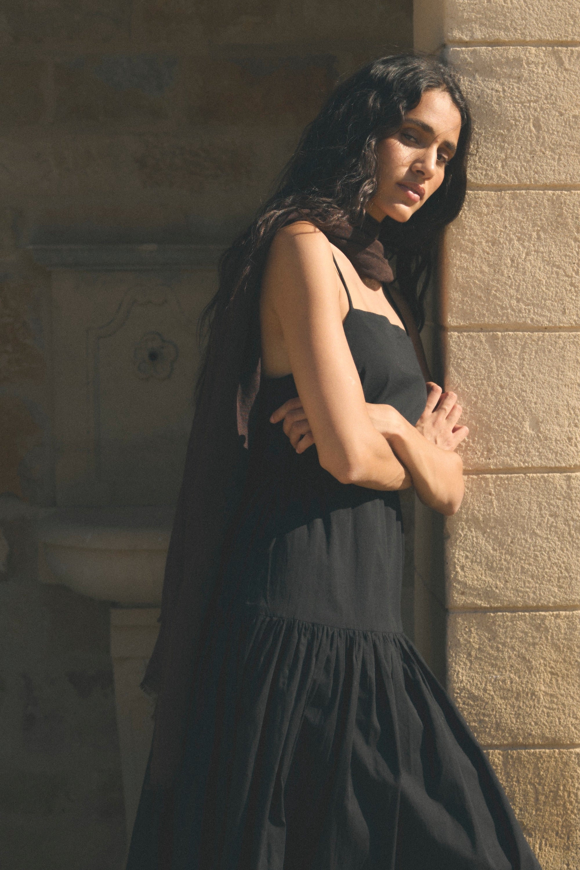 Dalia Tie-Waist Tiered Organic Cotton Dress Black / XL