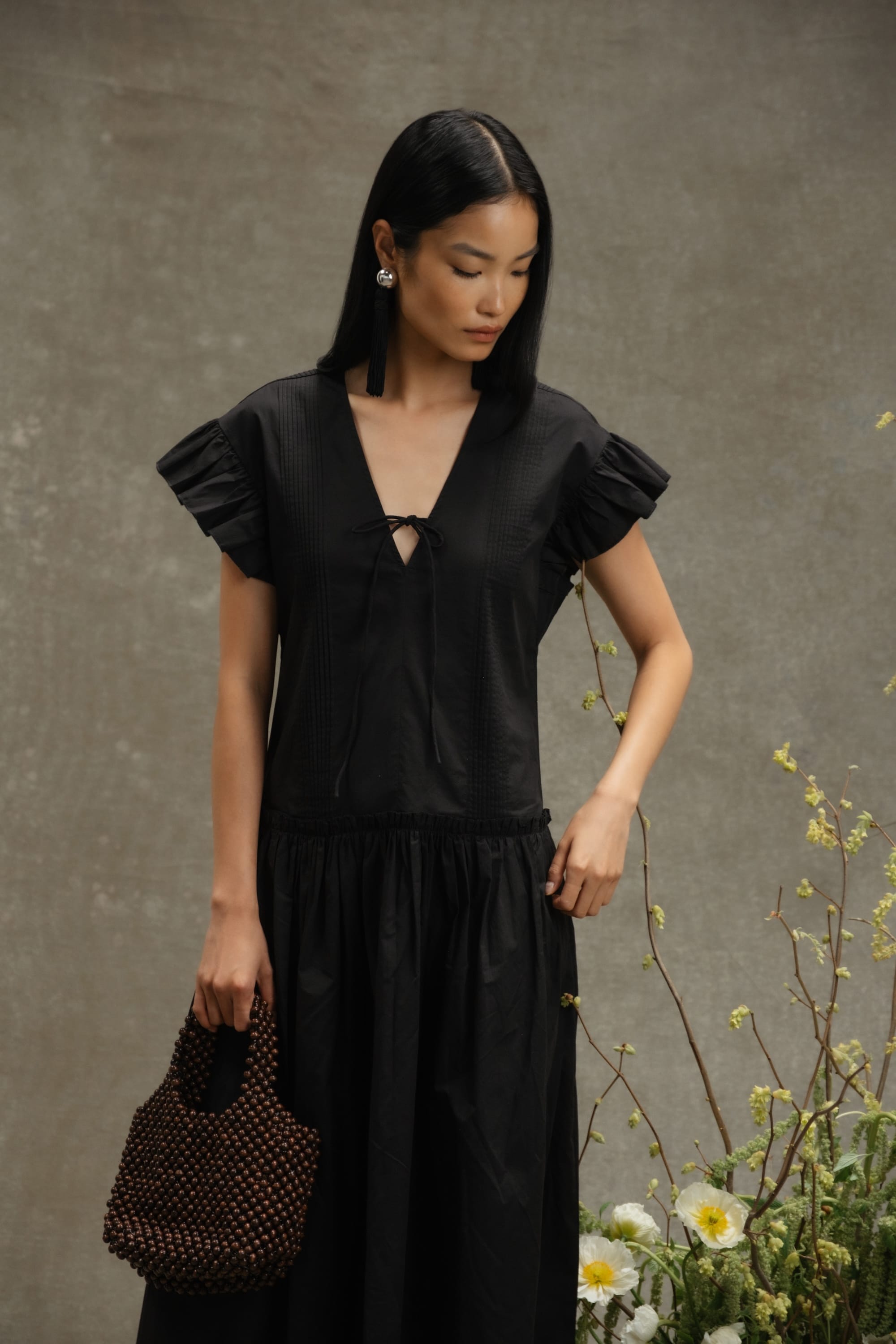 ruffled-neckline pleated dress ruffle pleated dress NYLAND Rosa Pleated Split Neck Dress Red / L