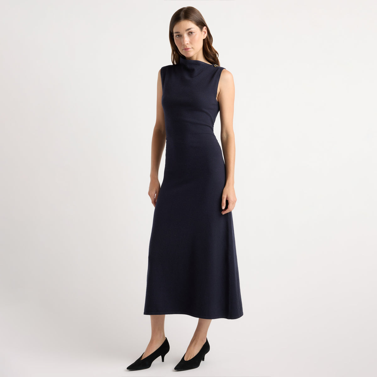 asymmetric high neck dress Modern Citizen Abel Asymmetric-Neck in Deep Navy at Nordstrom, Size Large Fabric Type: CREPE 90s Fashion Dresses: Iconic Color:Denim Blue and keep accessories minimal