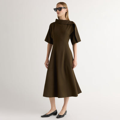 addison midi dress Addison Foldover Scarf-Neck Dress in Olive Brown