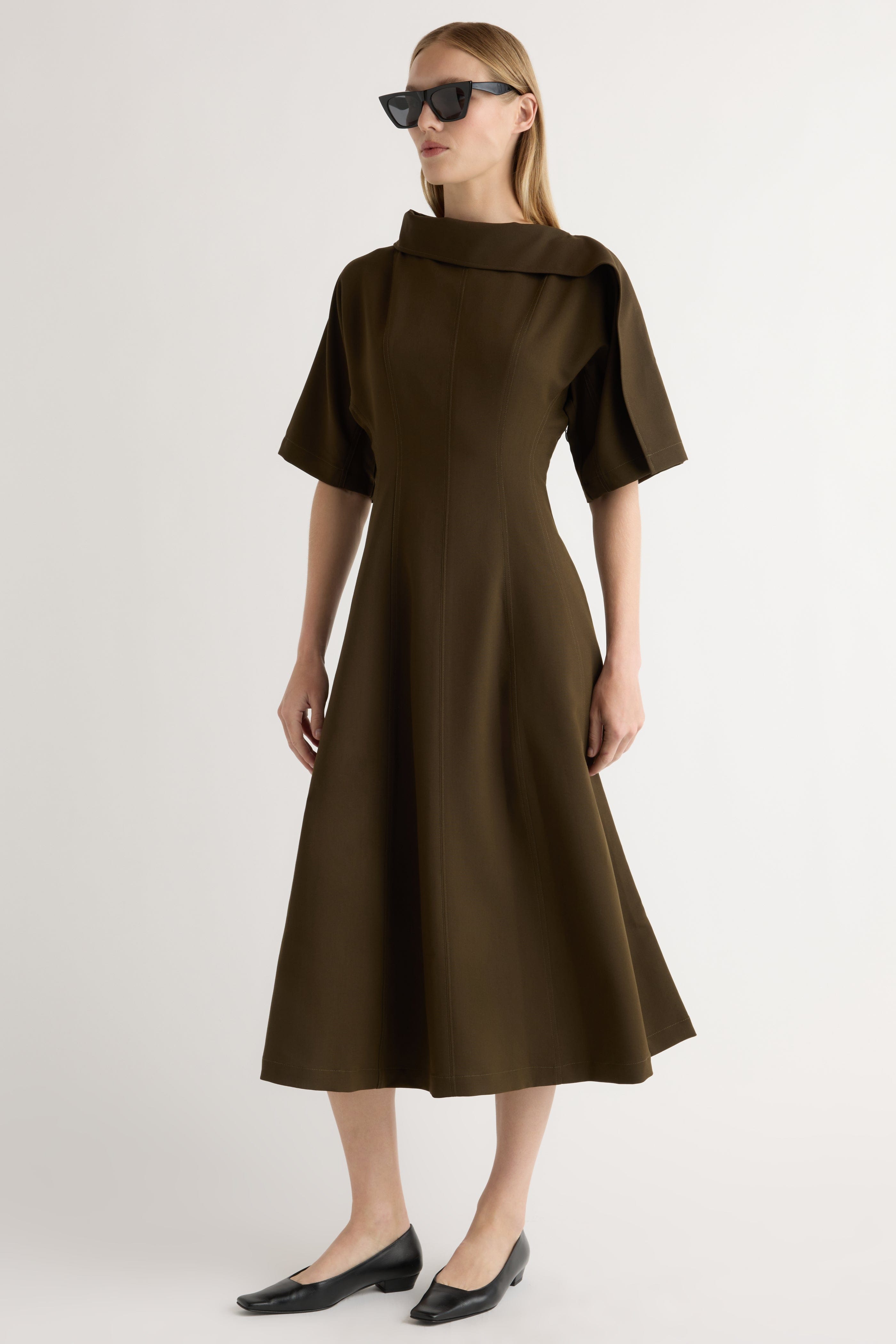 Addison Foldover Scarf-Neck Dress in Olive Brown | Modern Citizen