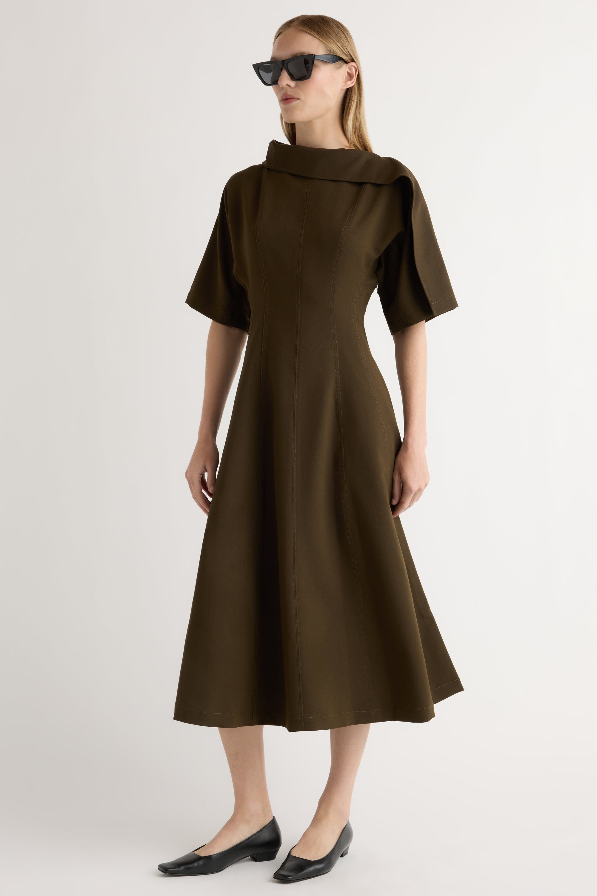 Addison Foldover Scarf-Neck Dress in Olive Brown | Modern Citizen Addison Foldover Scarf-Neck Dress in Olive Brown | Modern Citizen