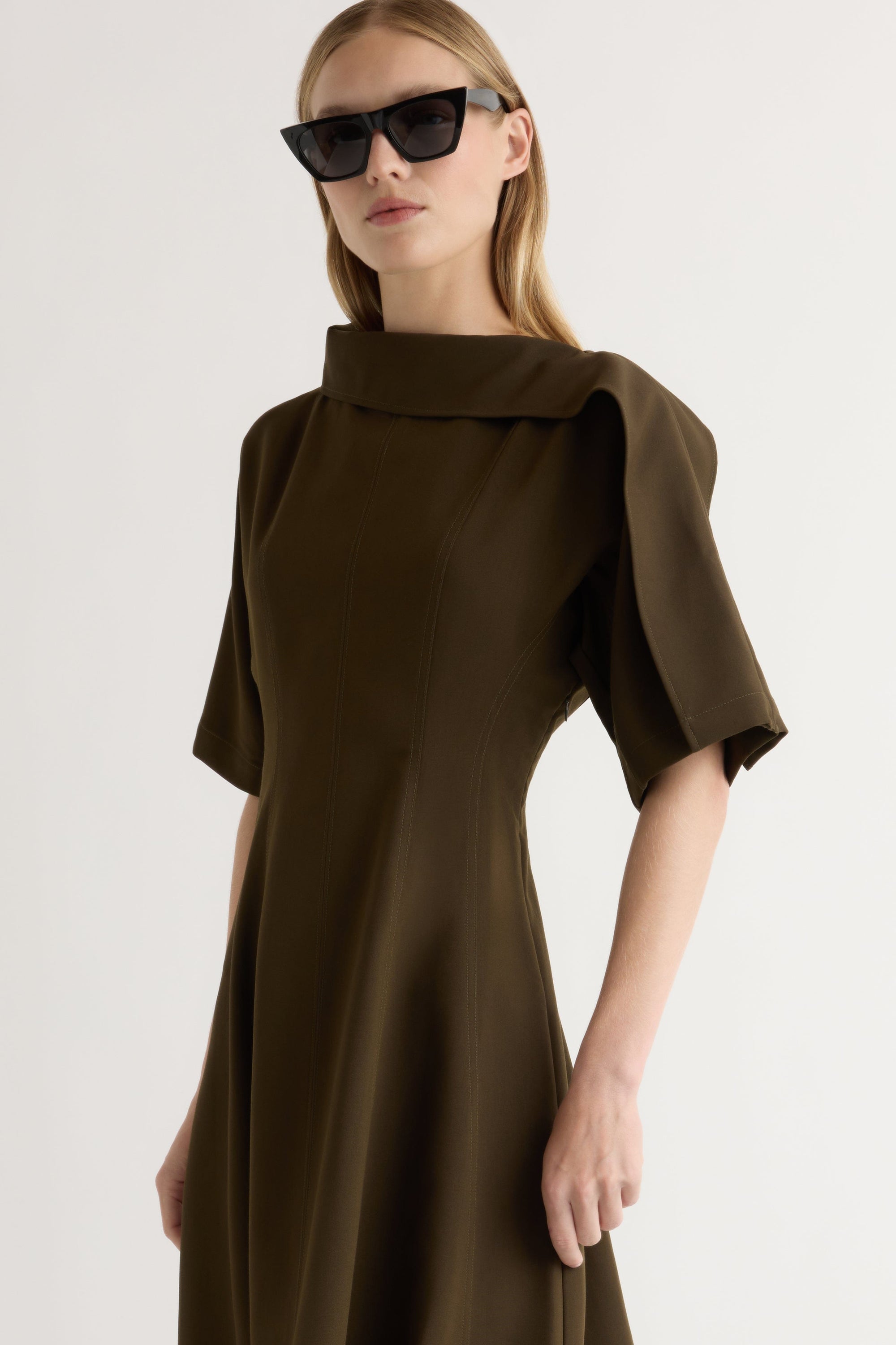 Addison Foldover Scarf-Neck Dress in Olive Brown | Modern Citizen Addison Foldover Scarf-Neck Dress in Olive Brown | Modern Citizen