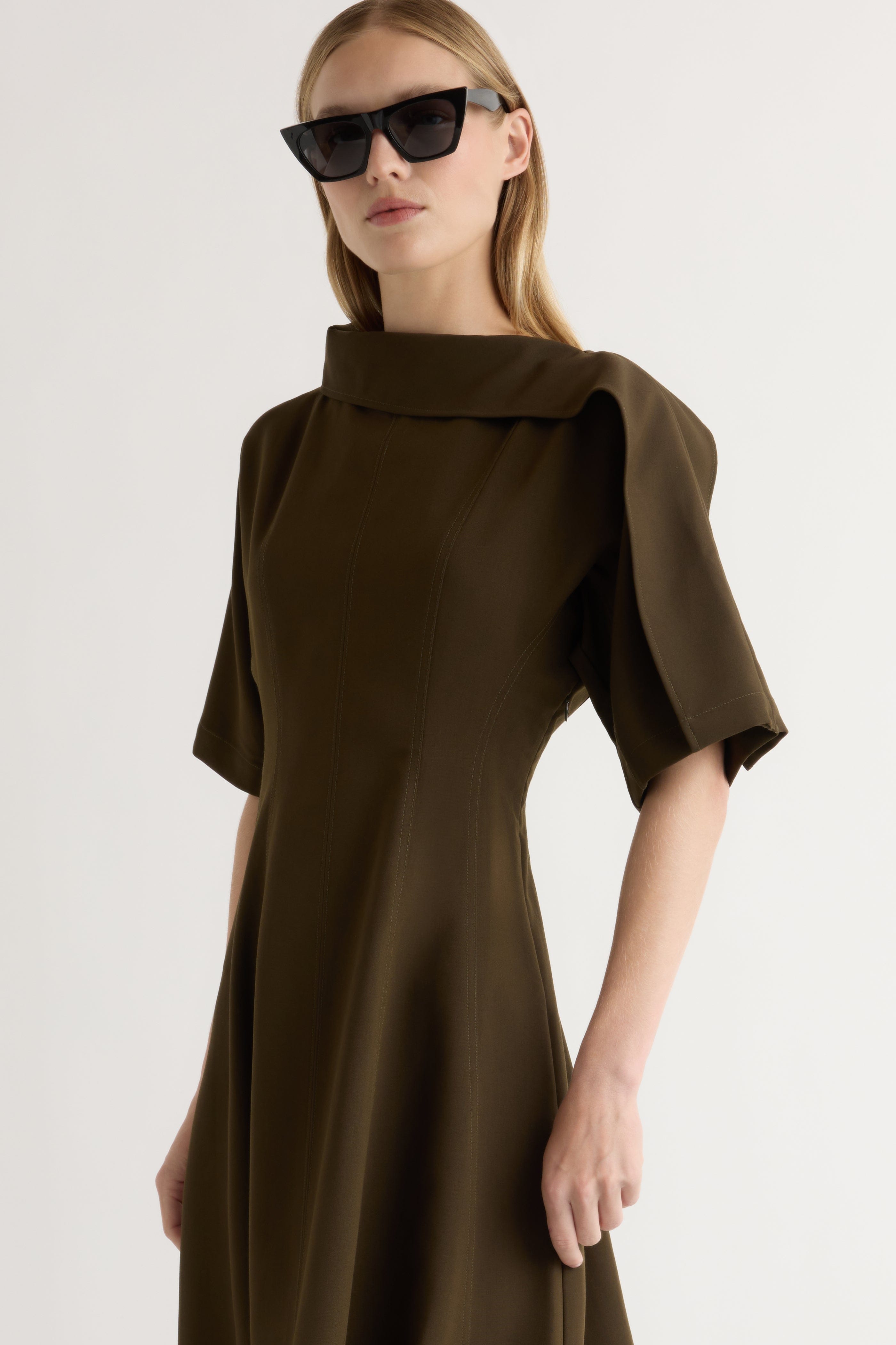 Addison Foldover Scarf-Neck Dress in Olive Brown | Modern Citizen Addison Foldover Scarf-Neck Dress in Olive Brown | Modern Citizen