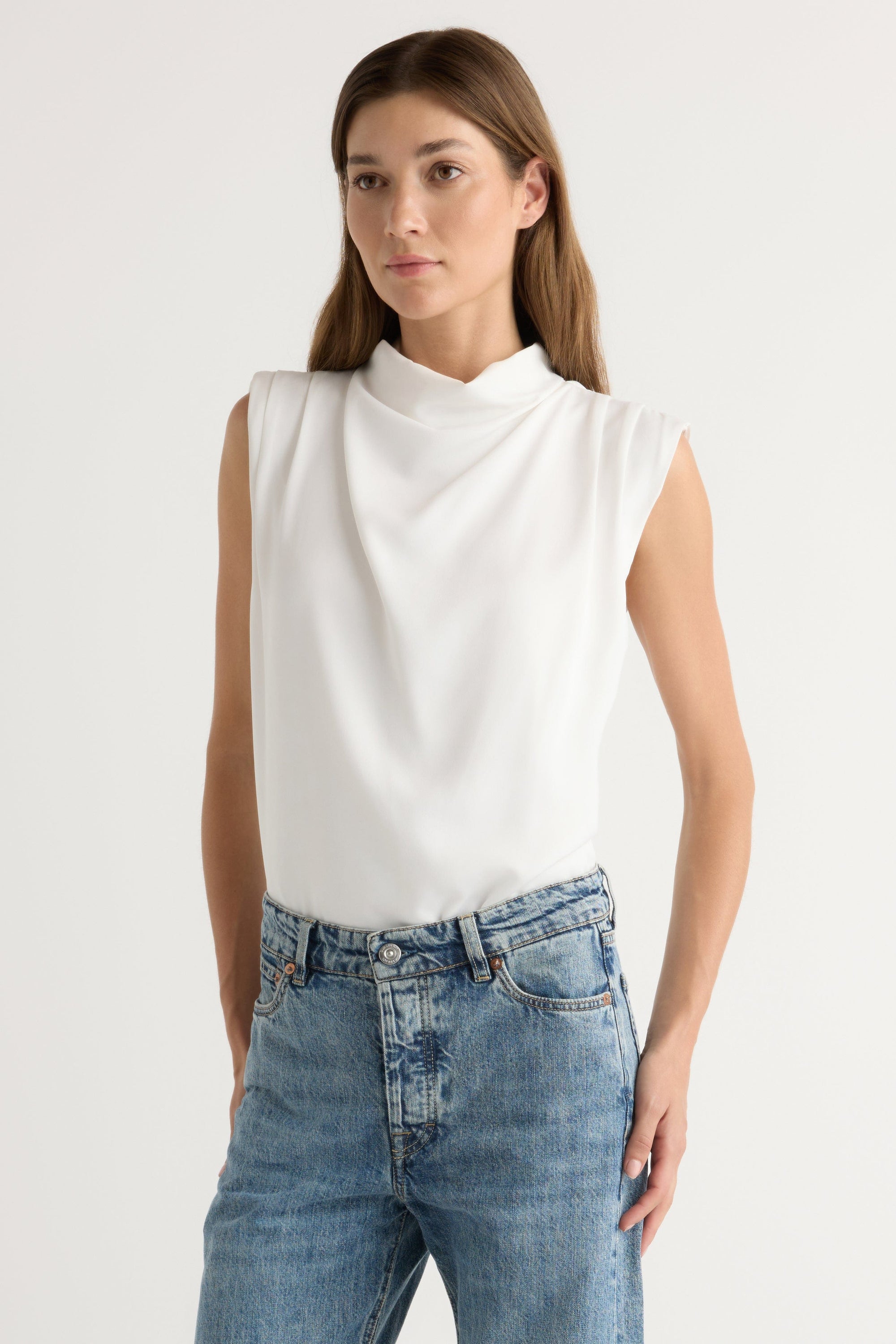 Allegra Gathered-Neck Sleeveless Blouse