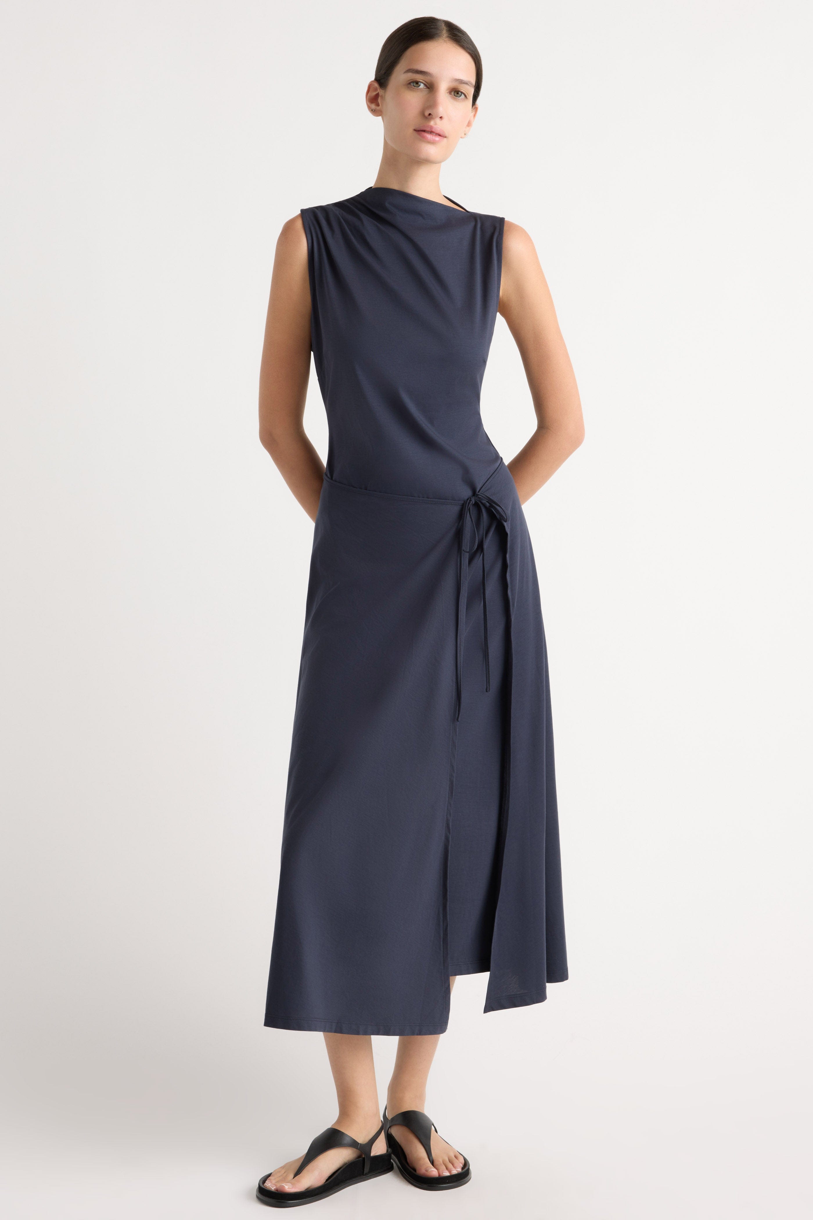 Amelia Asymmetric-Neck Wrap Dress Navy / S
