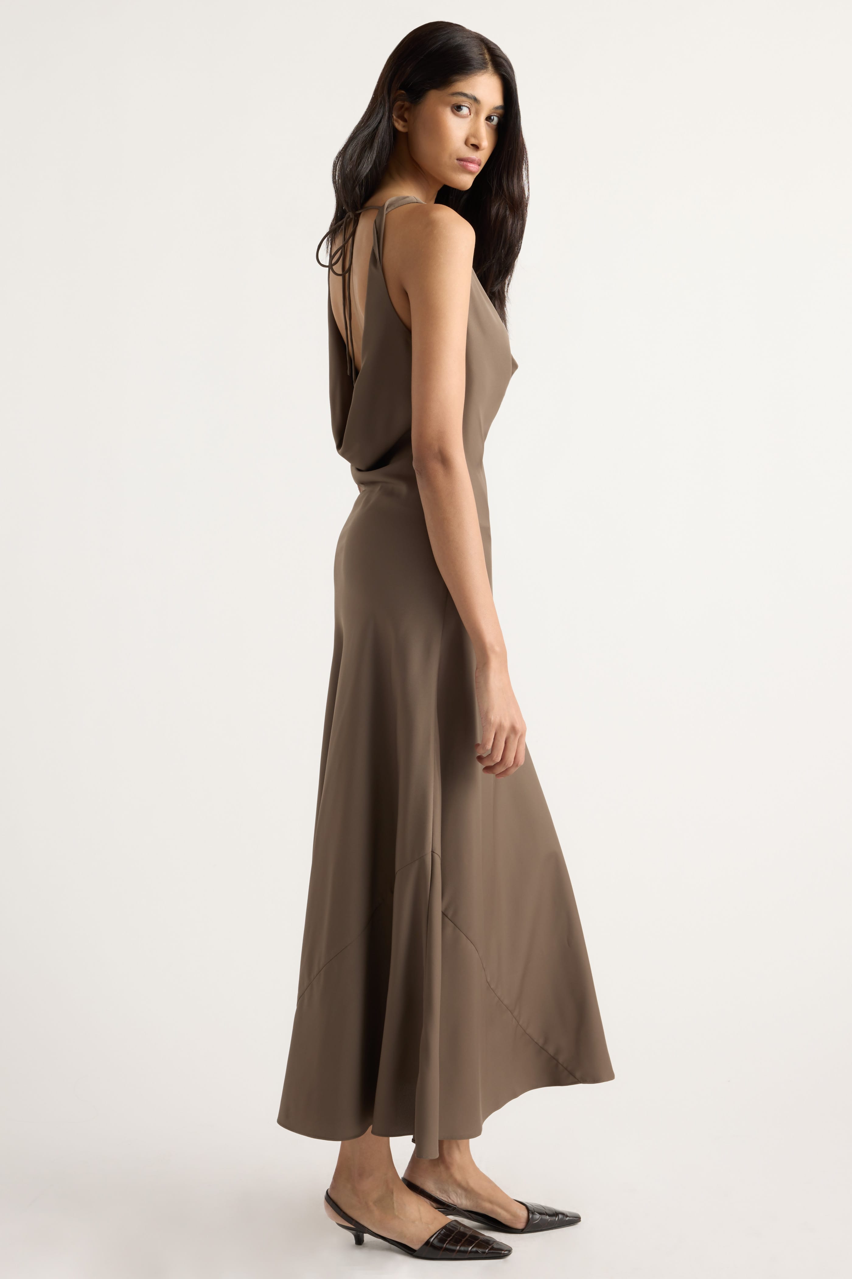 Anais Twist-Shoulder Cowl-Neck Dress