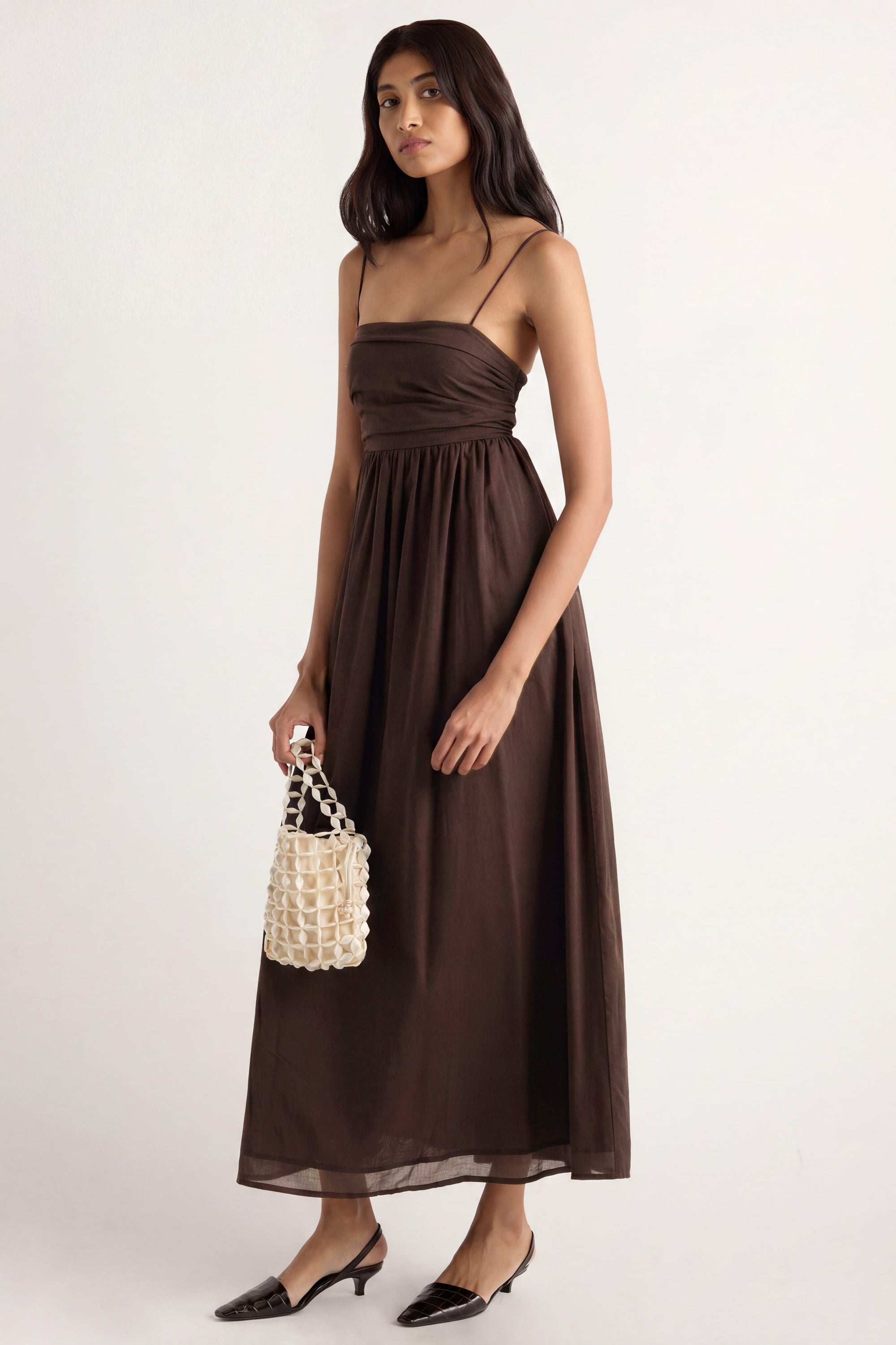 Aurora Ruched Organic Cotton Maxi Dress Cacao / XS Aurora Ruched Organic Cotton Maxi Dress Cacao / XS