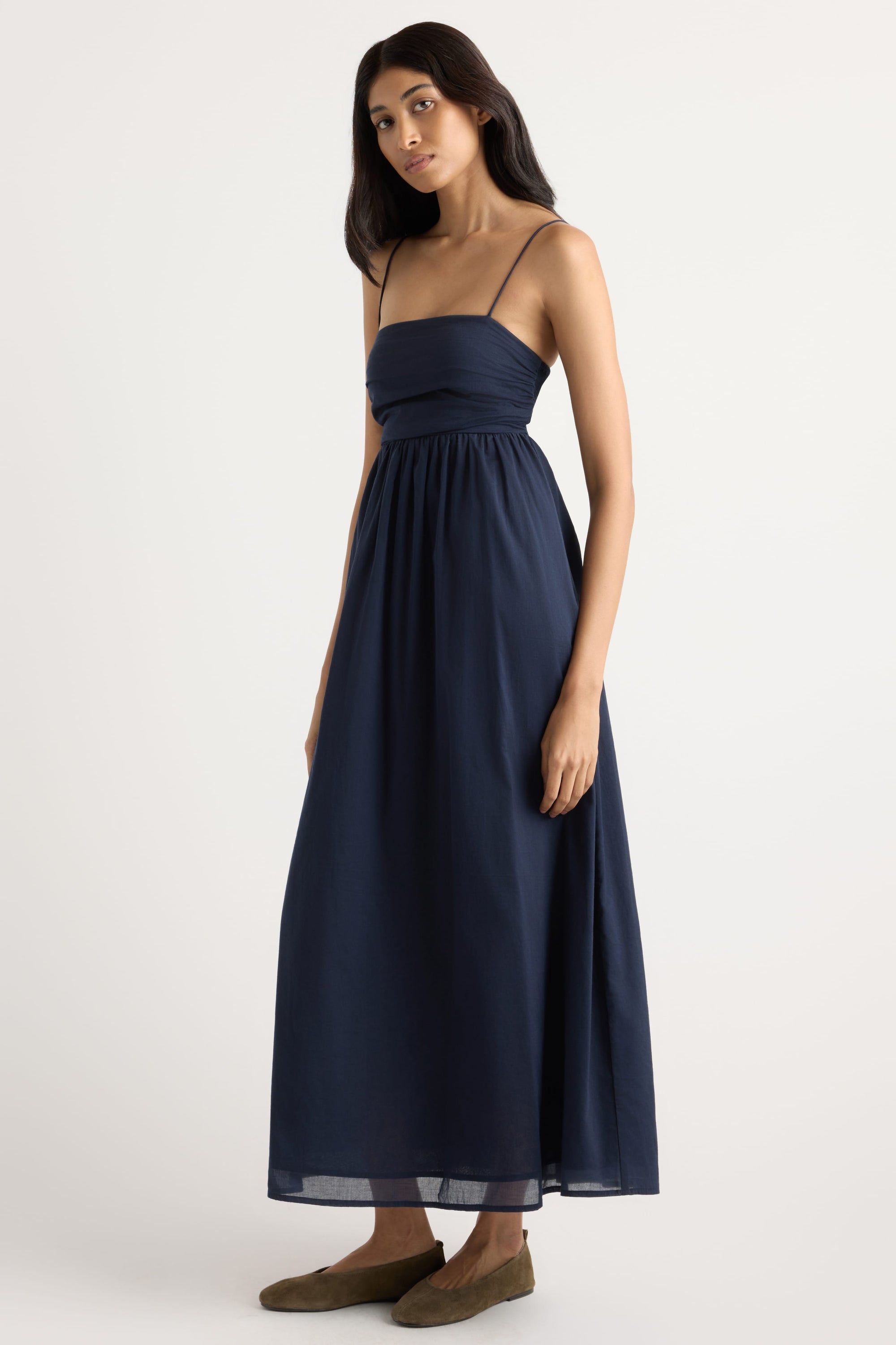 blue cotton maxi dress Aurora Ruched Organic Cotton Maxi Dress
