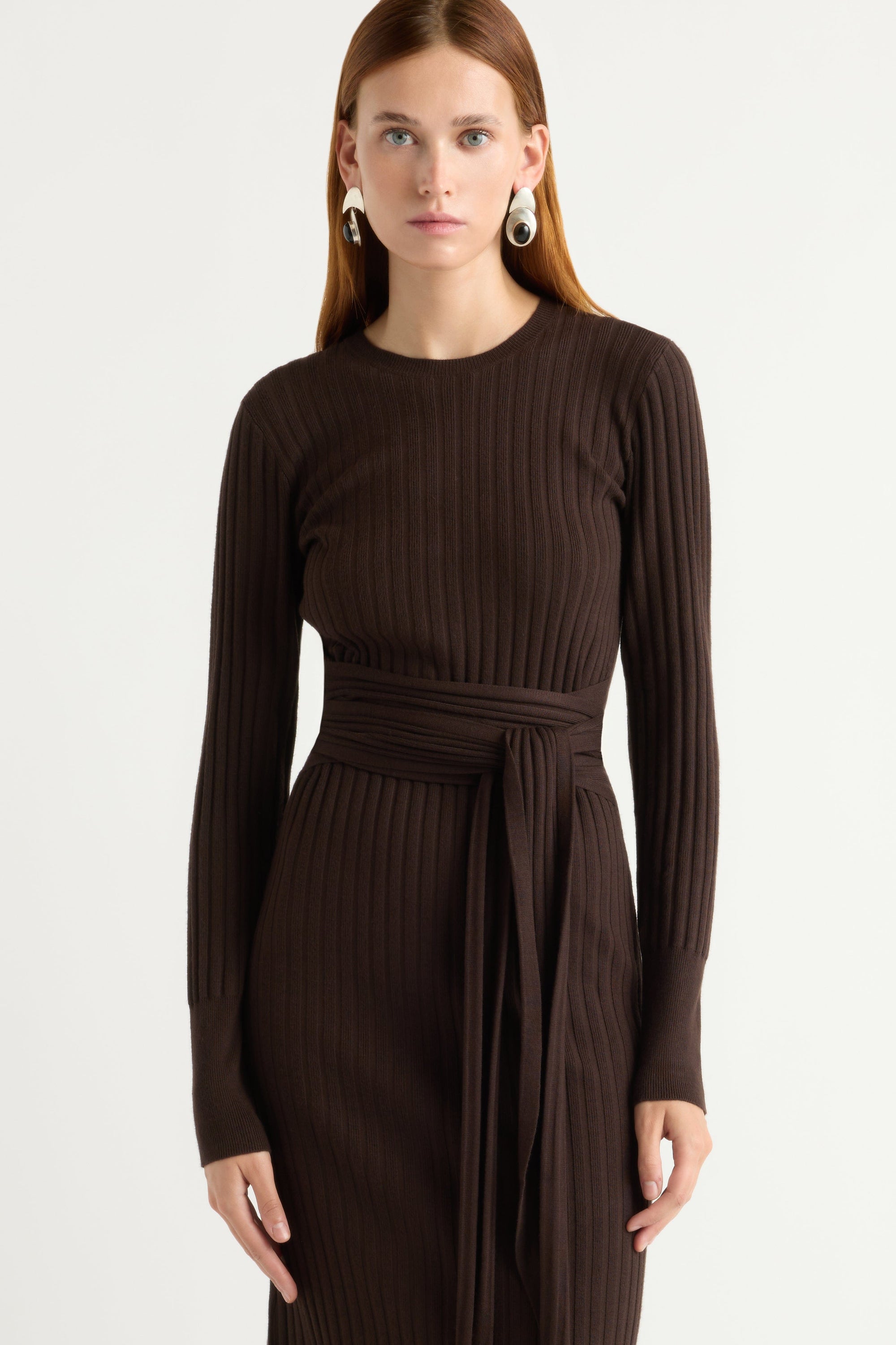 fitted lace wedding dress Women's Knit Ribbed Midi Dress L / Brown main image 0