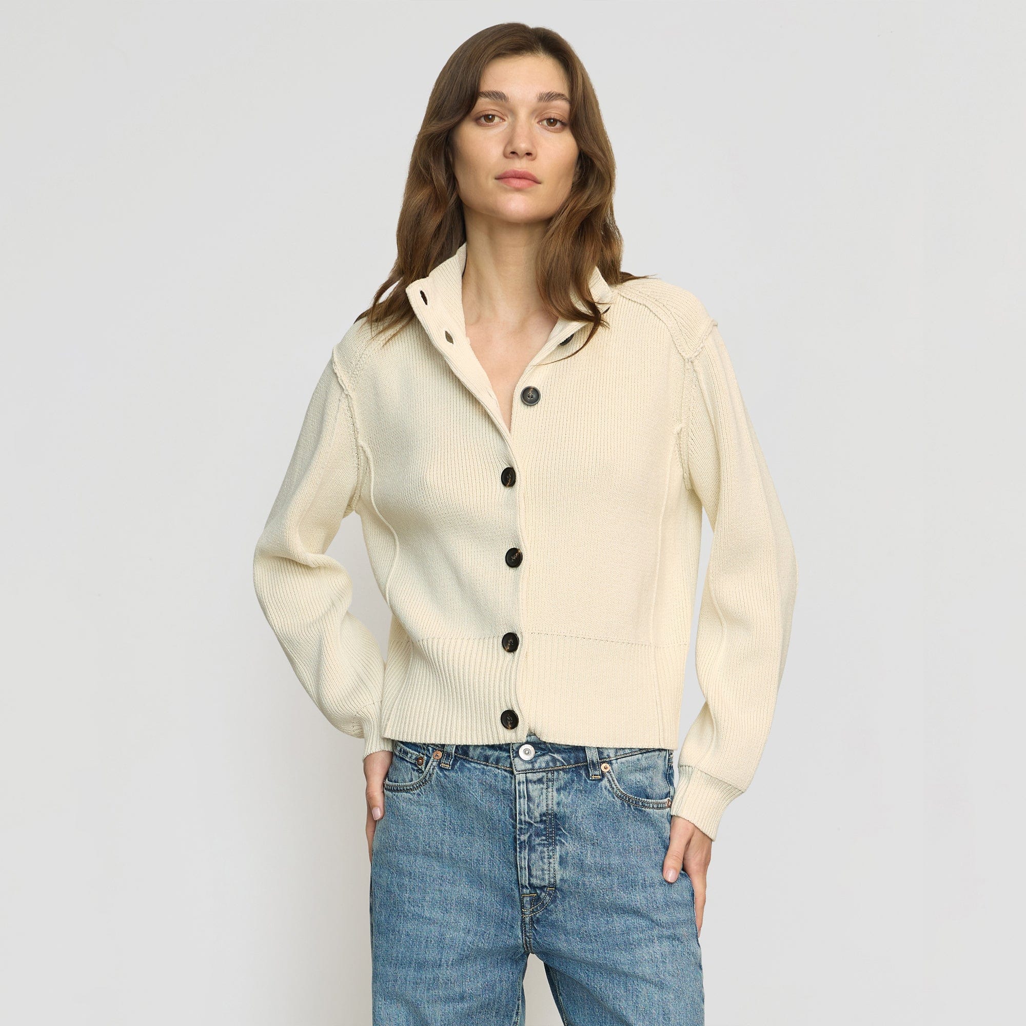 【MODERNIF】Letter Two Way Collar Cardigan Contrast Piping Double Pocket Cardigan