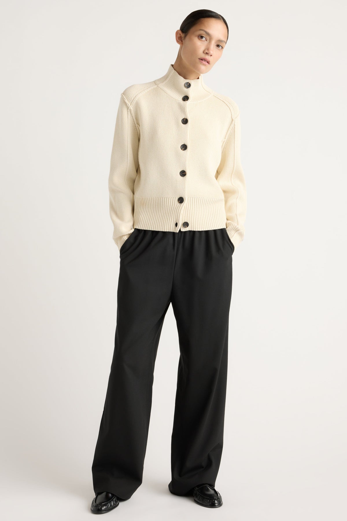 Clove Button Mock-Neck Knit Cardigan