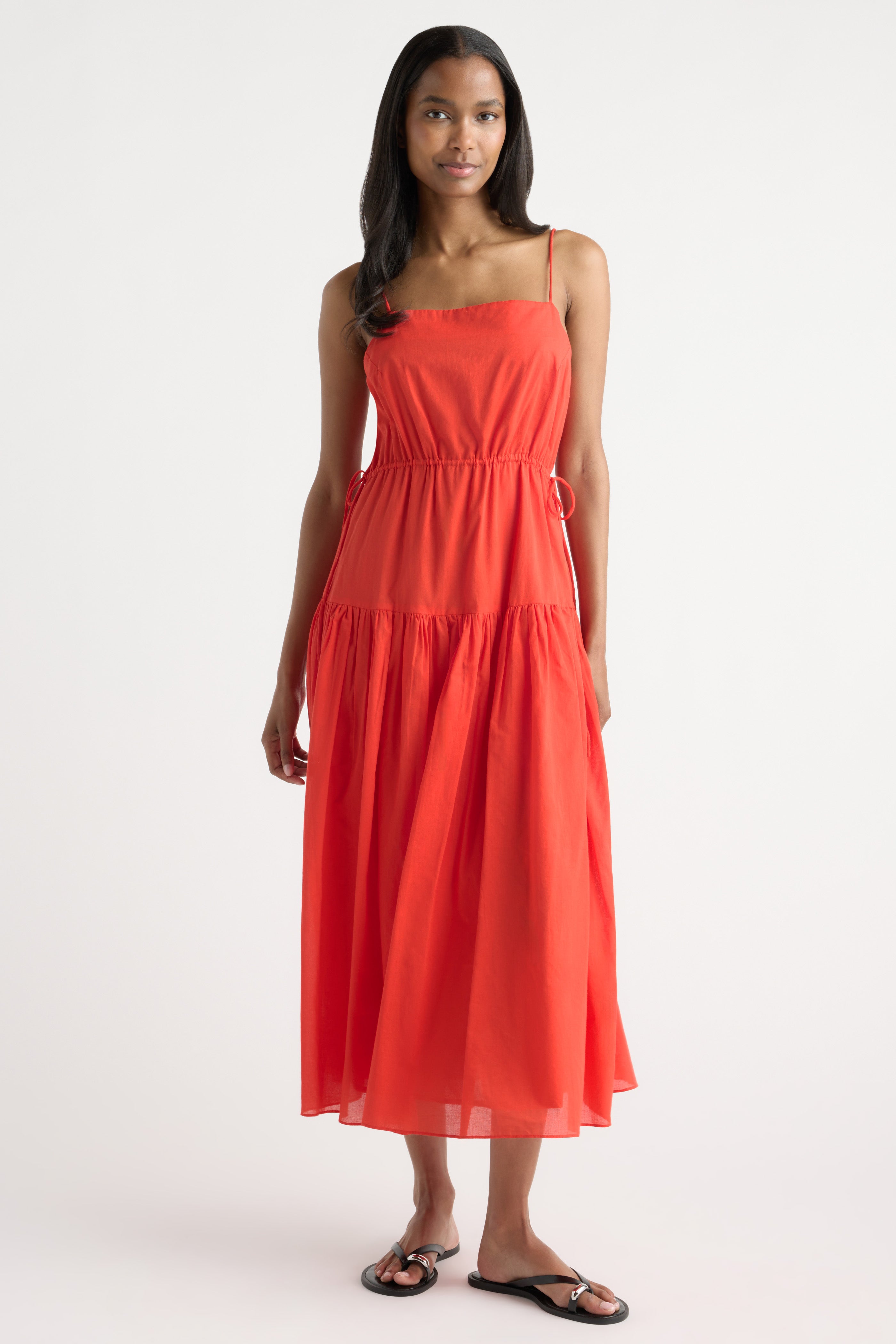 Dalia Tie-Waist Tiered Organic Cotton Dress Tomato / L
