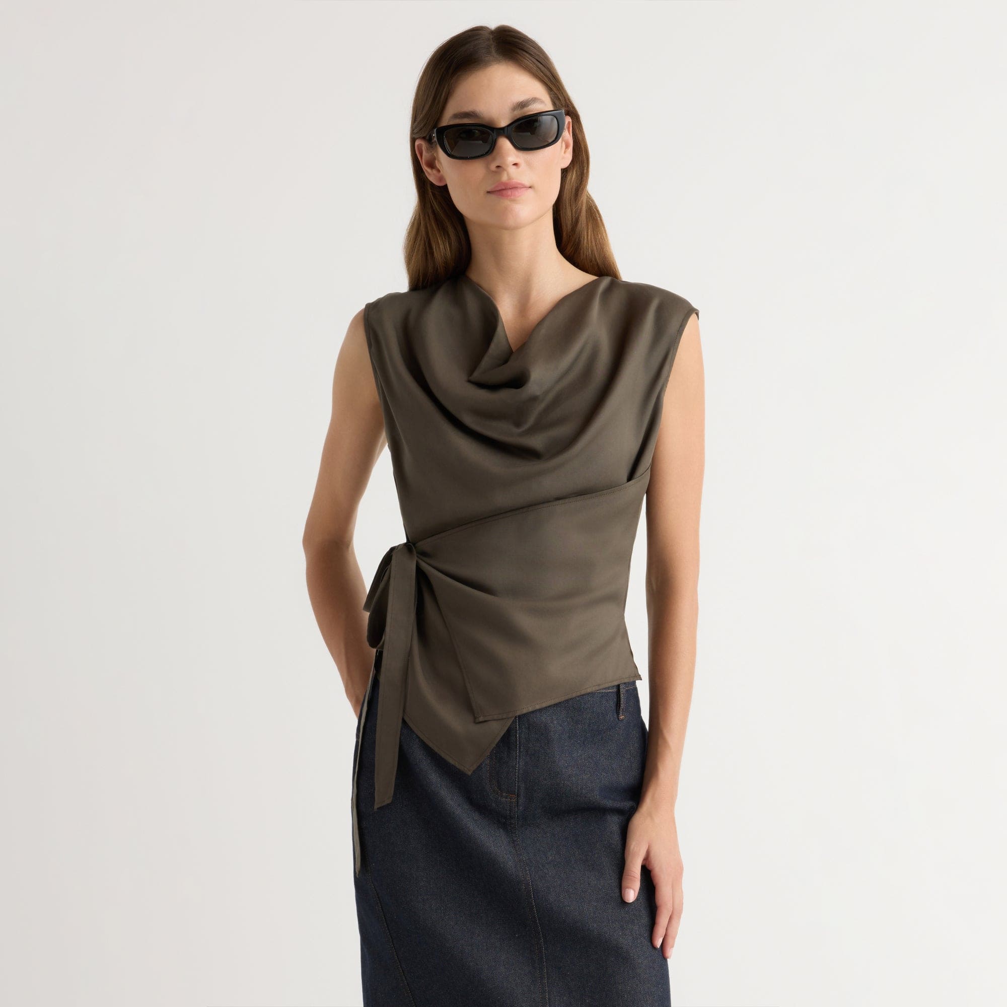 新品deres bottle neck drape blouse WDIRARA Women's Draped Cowl Neck Sleeveless Keyhole Back