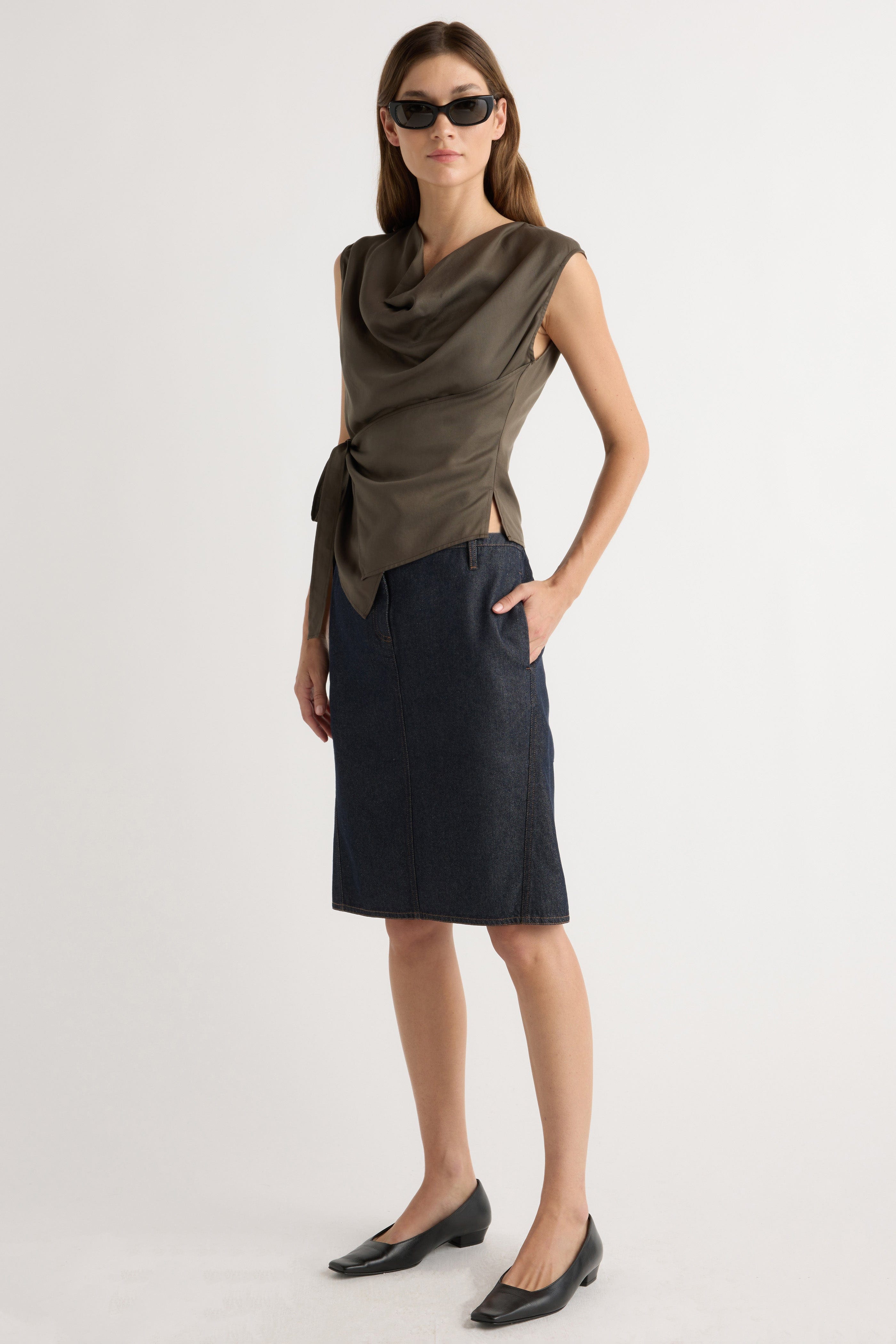 Dion Tencel Cowl-Neck Wrap Blouse