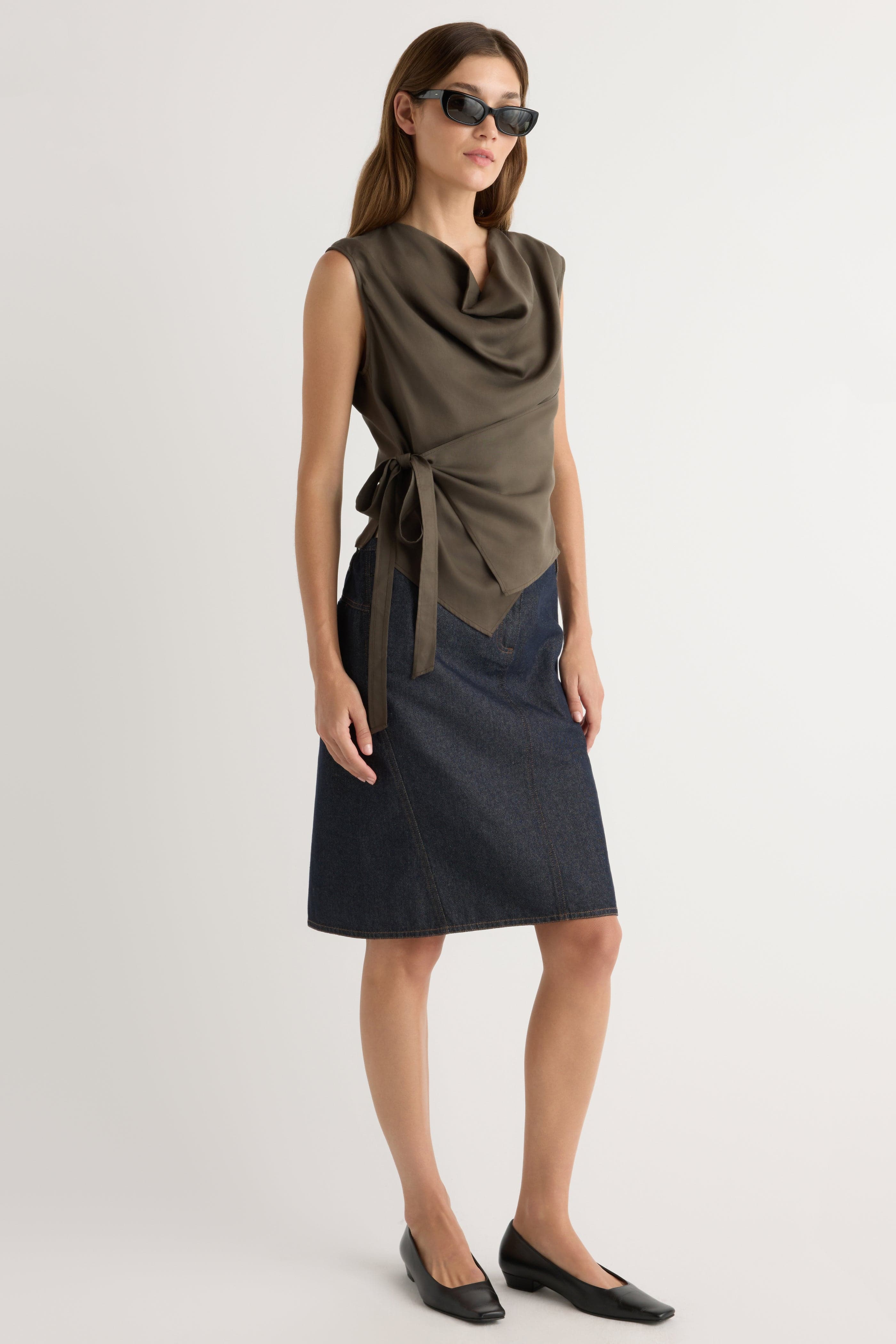 Dion Tencel Cowl-Neck Wrap Blouse