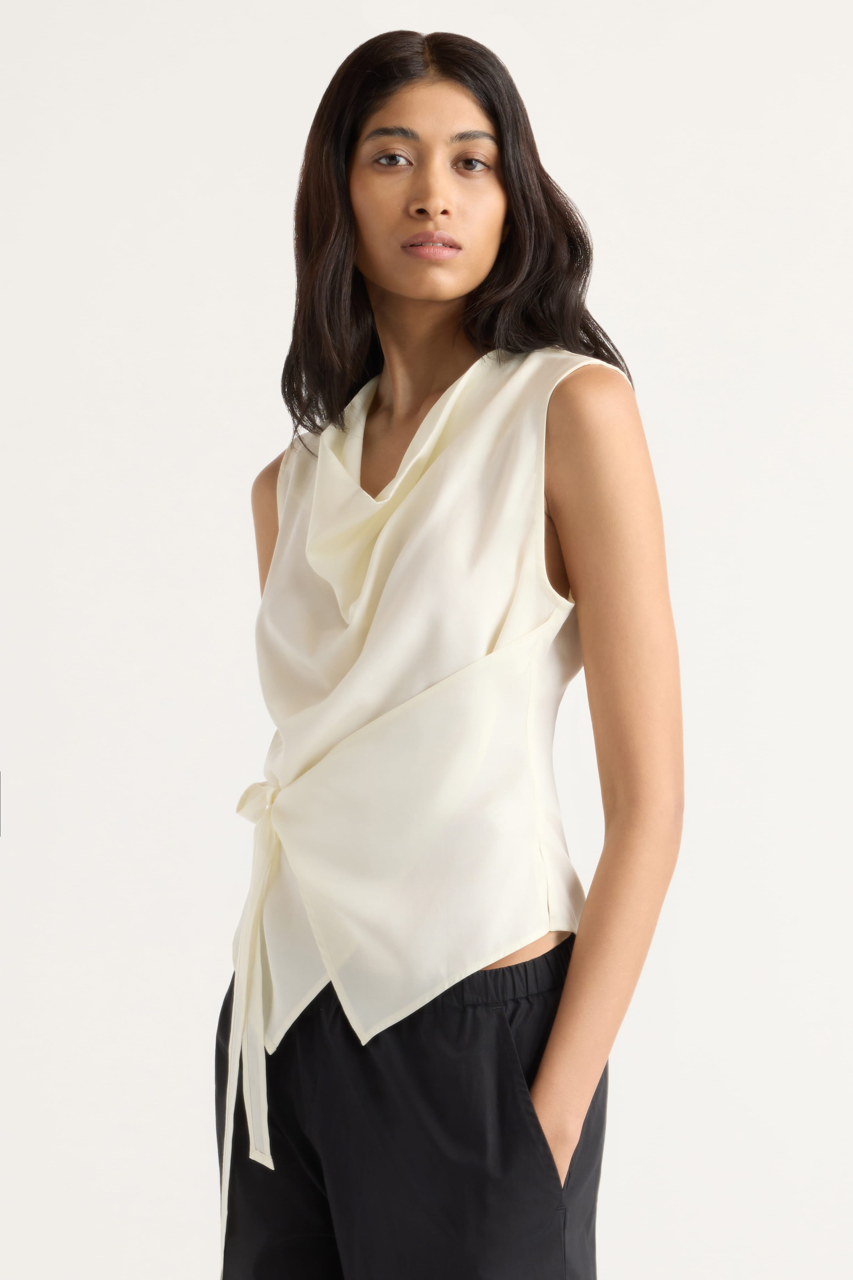 Dion Tencel Cowl-Neck Wrap Blouse