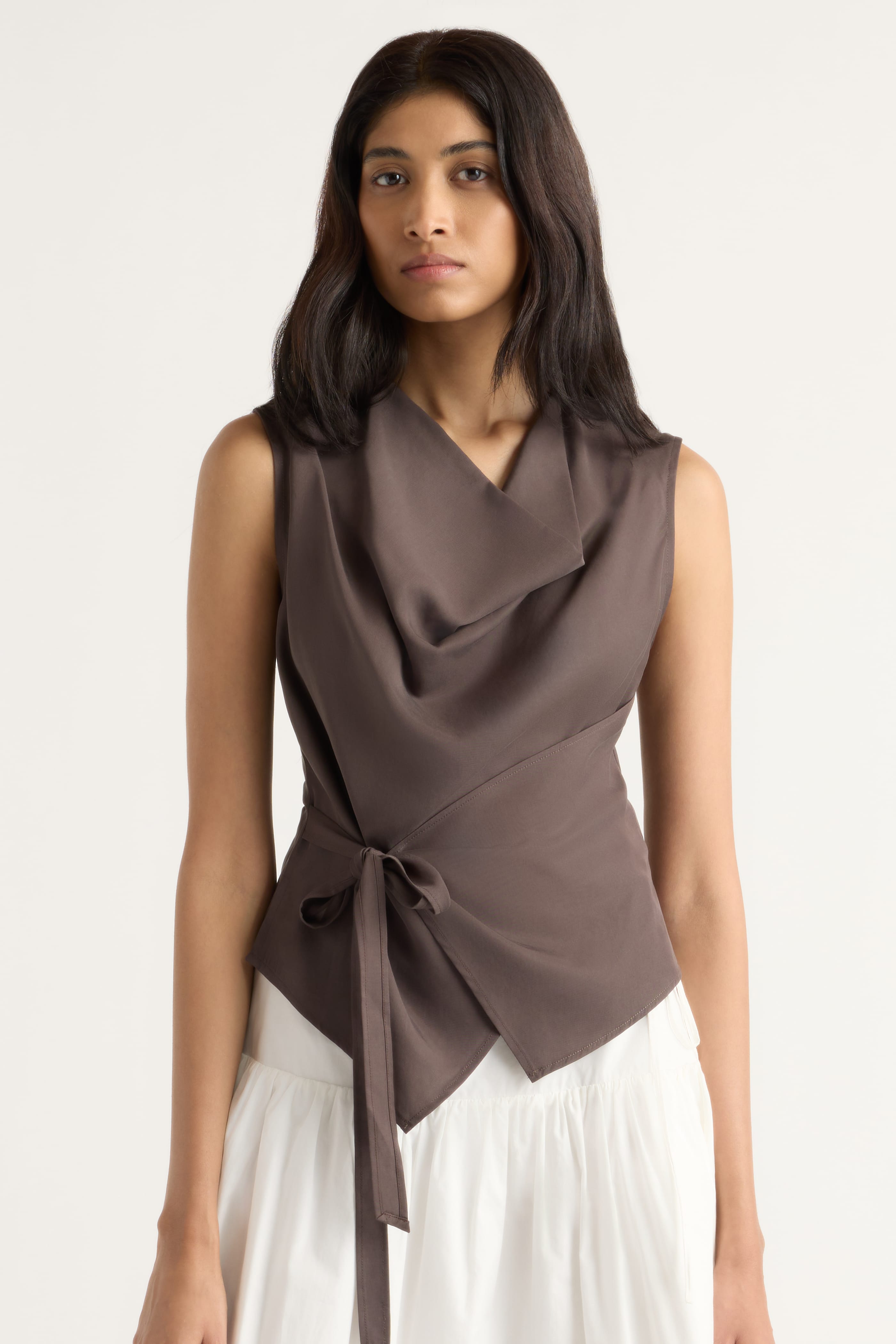 Dion Tencel Cowl-Neck Wrap Blouse