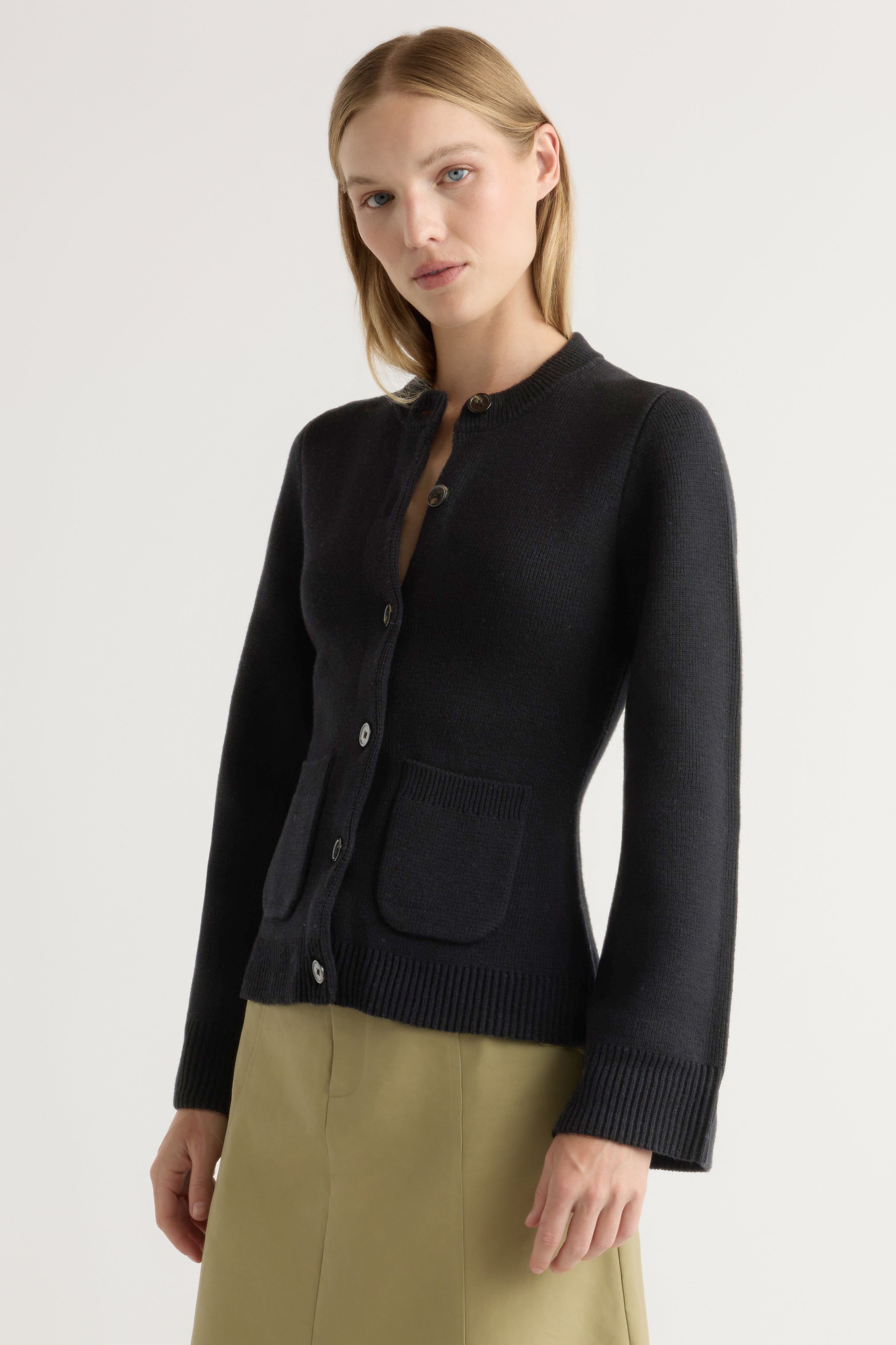トップス BATONER BABY WOOL POLO CARDIGAN Black Navy Merino Long Sleeve Polo Cardigan in Pure Wool