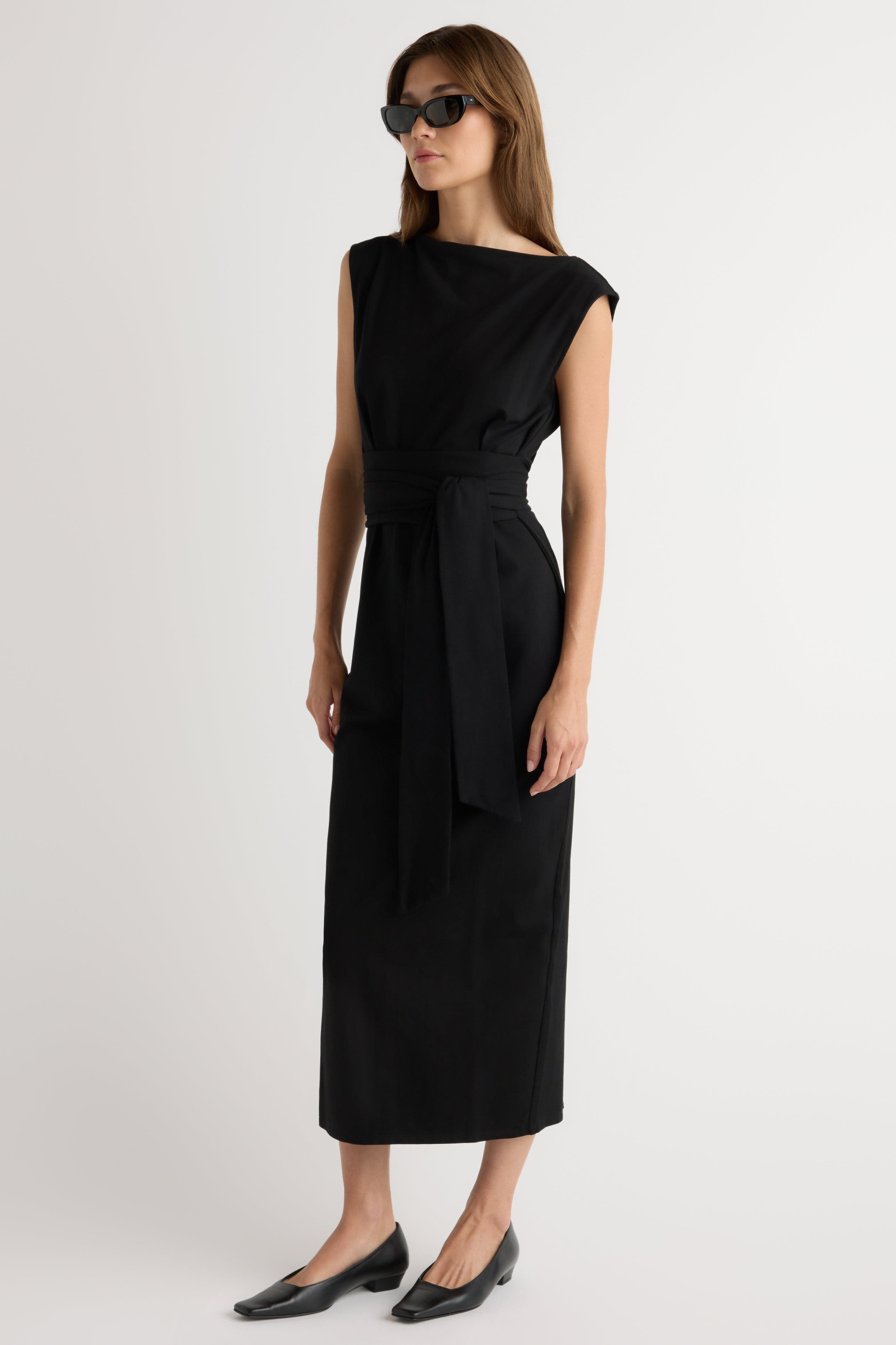 Edina Tie-Front Slit-Neck Dress Black / S