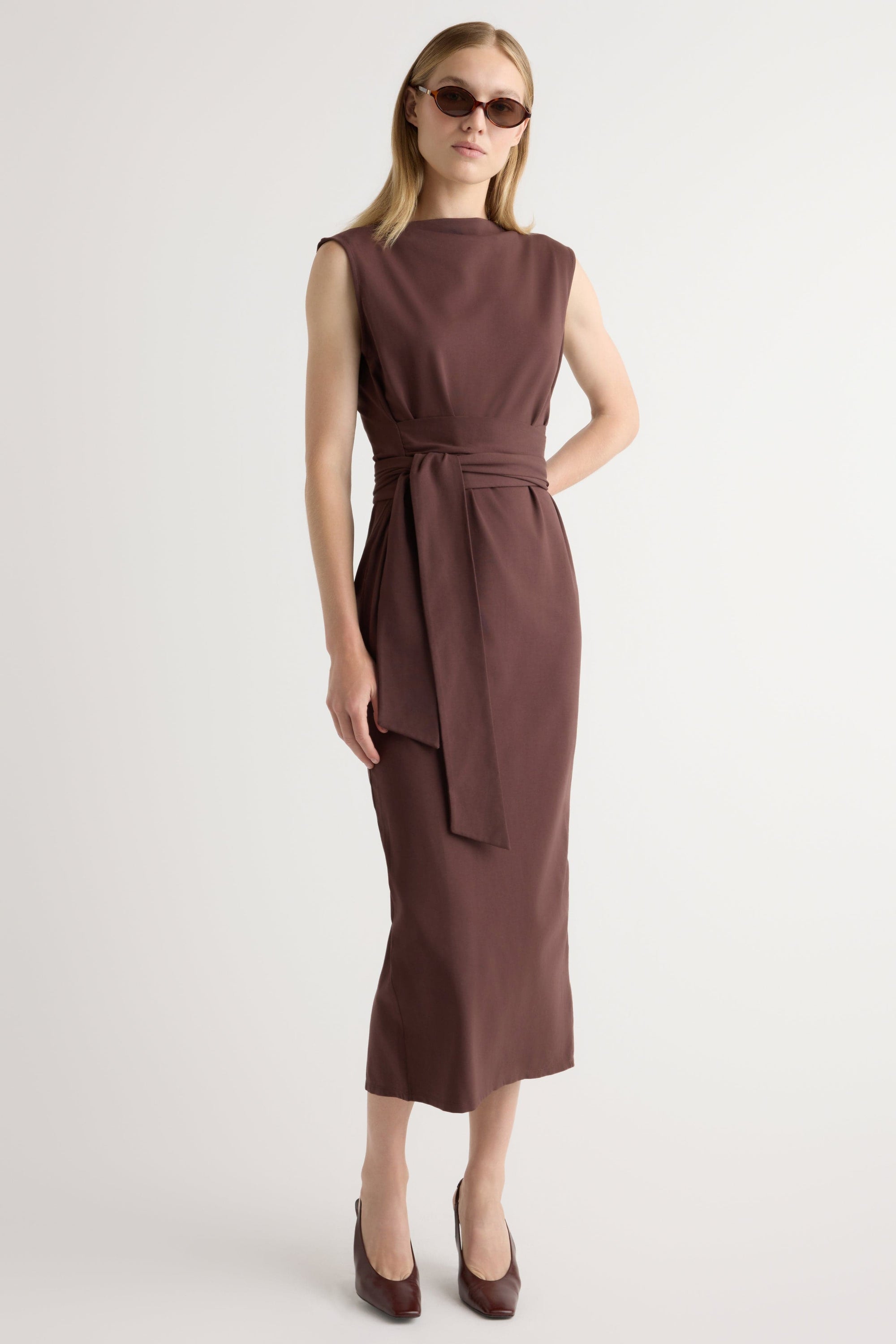 Edina Tie-Front Slit-Neck Dress