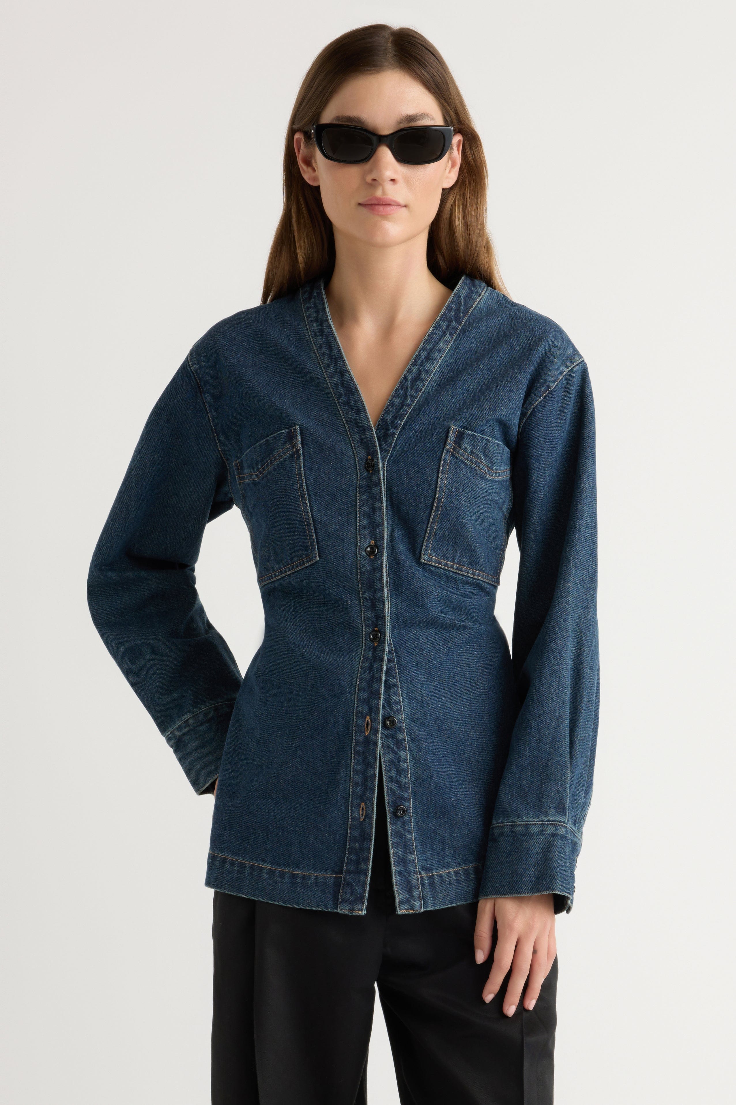 【MODERNIF】Plan simple denim jacket Emmett Structured-Sleeve Denim Jacket