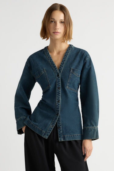 Mali | Emmett Structured-Sleeve Denim Jacket in Size Small