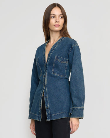 Beate | Emmett Structured-Sleeve Denim Jacket in Size Extra Small