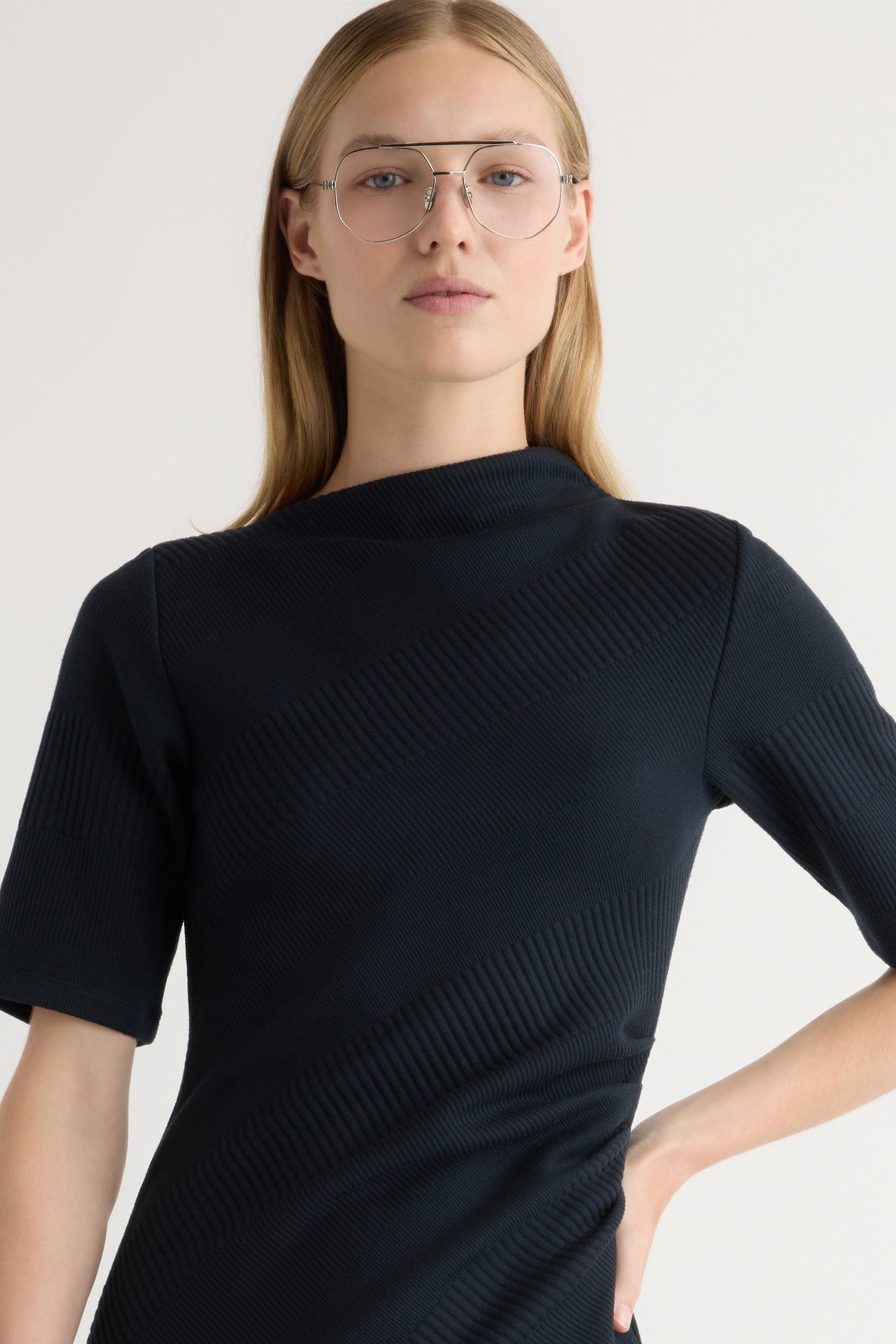 Evie Ribbed-Knit Jersey Dress Navy / Regular / 1X Evie Ribbed-Knit Jersey Dress Navy / Regular / 1X