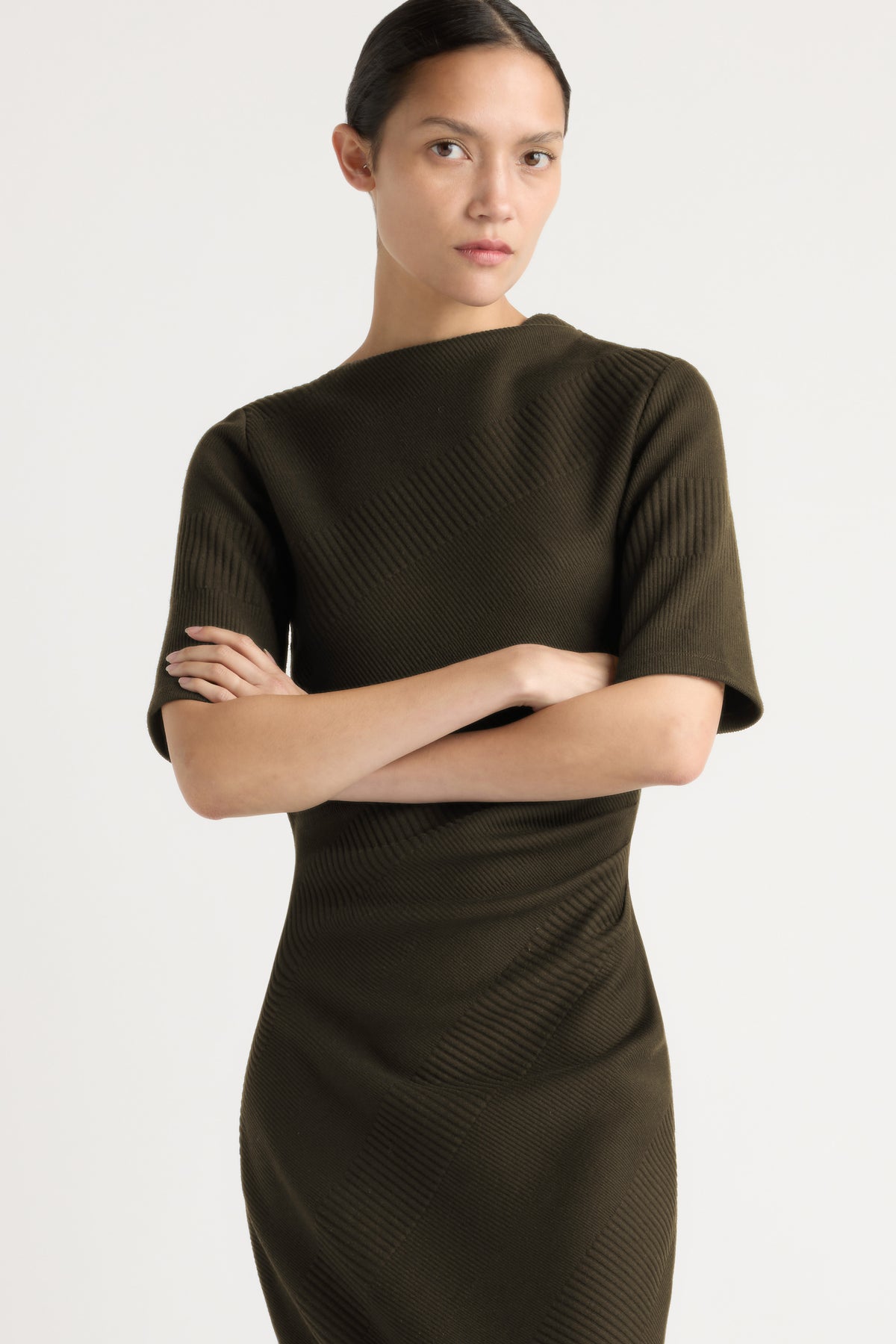 cotton jersey knit dresses Evie Ribbed-Knit Dress Olive / Regular / S D ] Calf Length Size:Youth 14 What to Wear on badge_tag:BEST SELLER