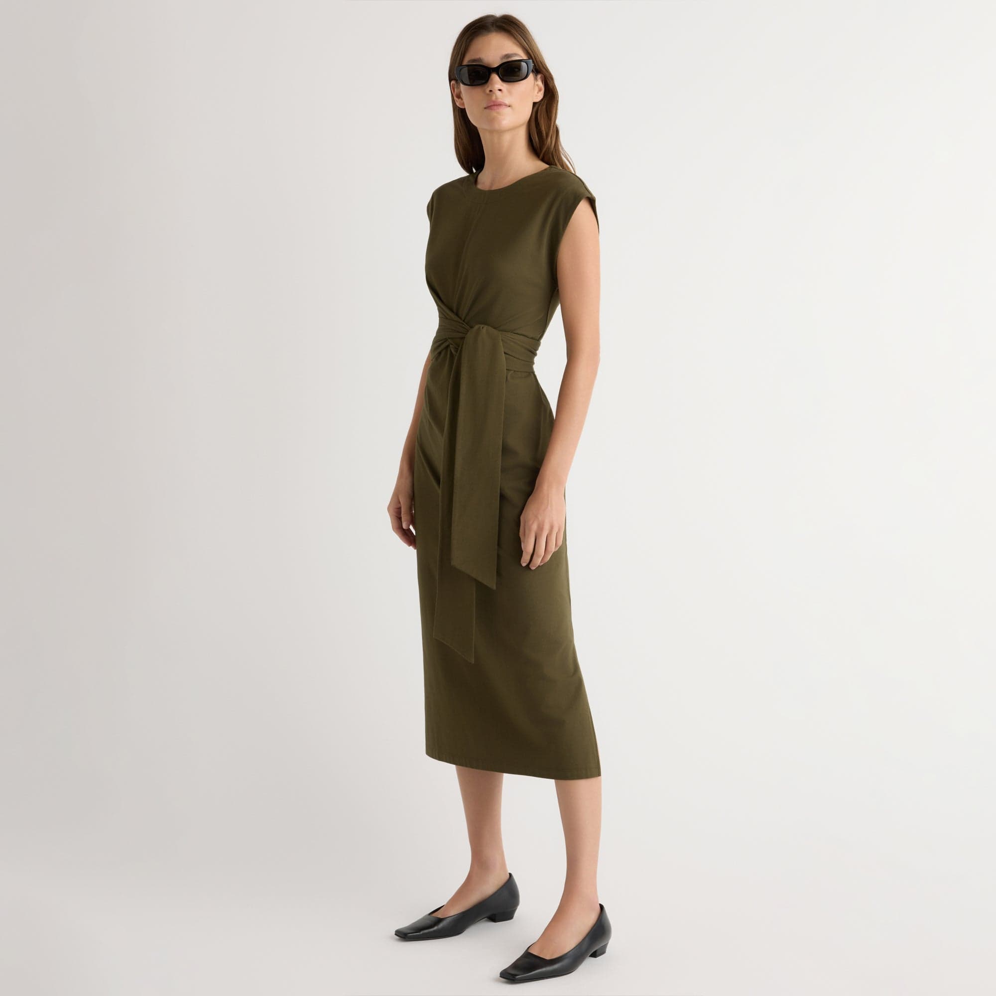 modern citizen fei tie front midi dress Fei Tie-Front Organic Cotton Dress Olive / Regular / XS