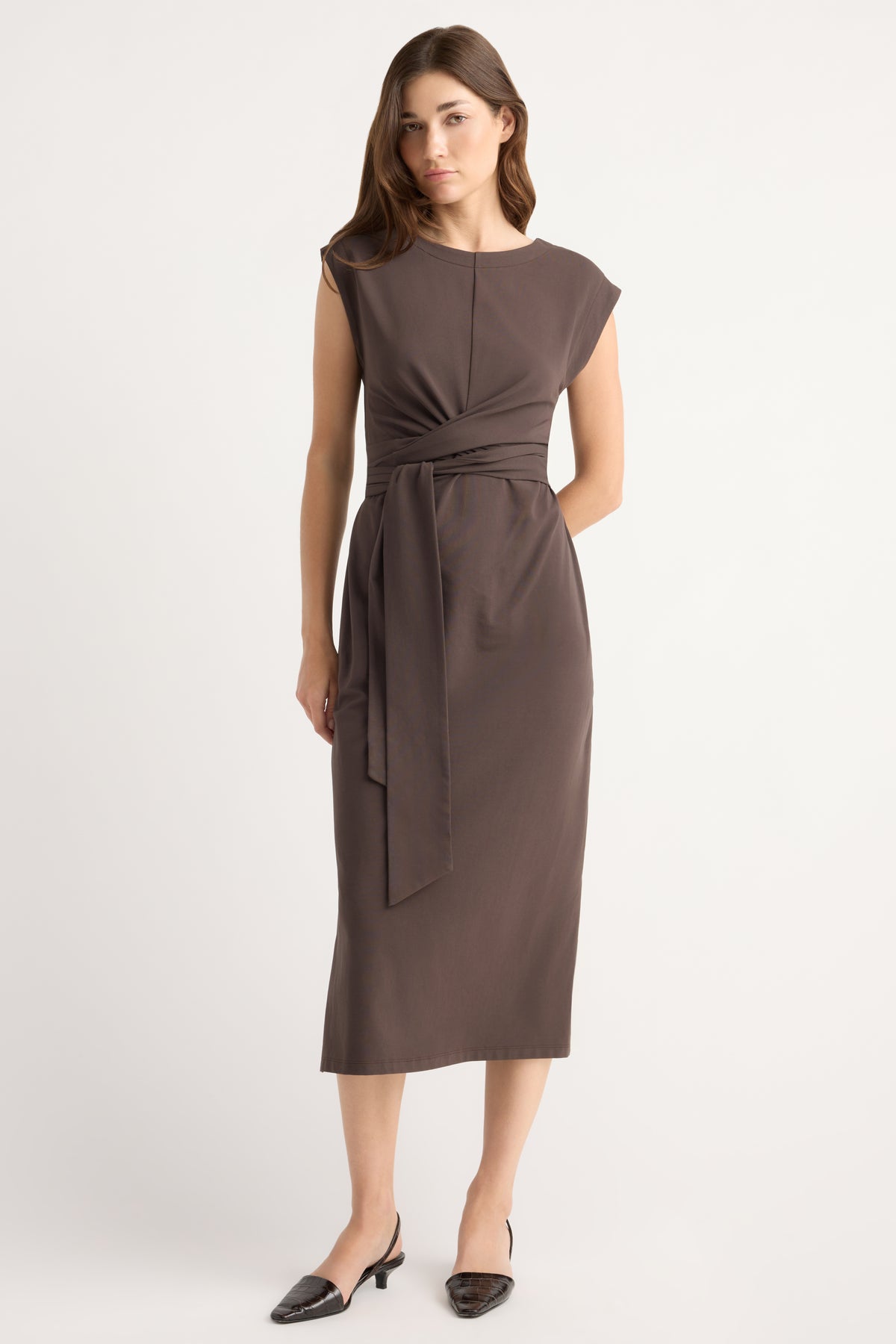 modern citizen fei dress Tie-Front Organic Cotton in Dark Truffle at Nordstrom, Size X-Small Organza Neckline and Metallic Our flattering wrap dress reception dress for bride rehearsal Color:Floral Black