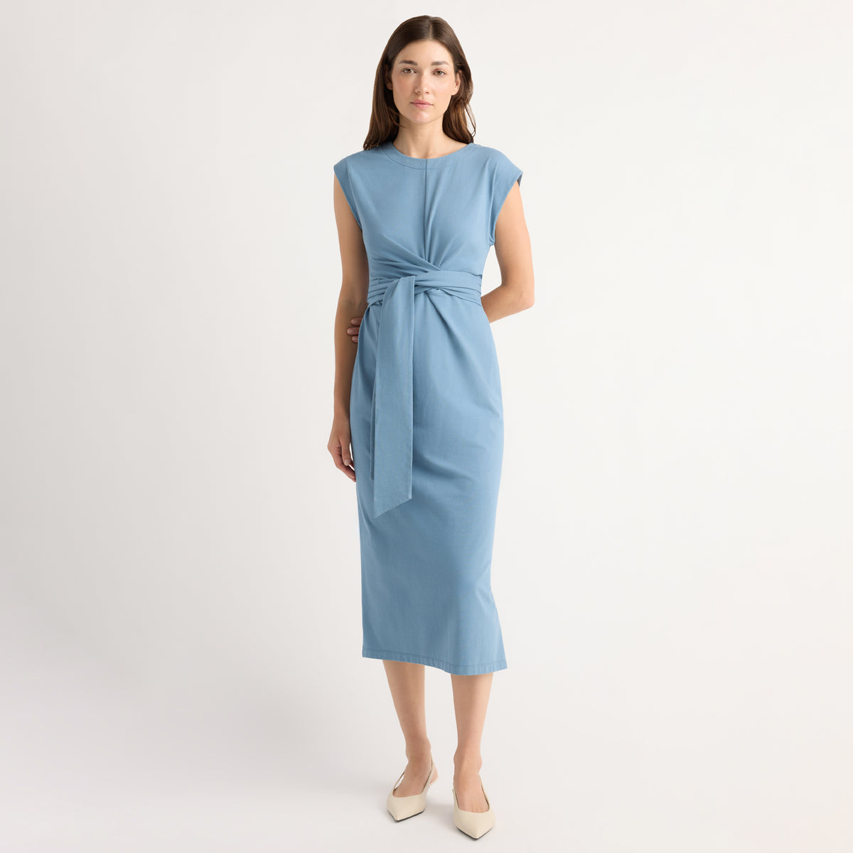 organic formal dresses Fei Tie-Front Cotton Dress Dusty Blue / Regular / S 997=handle1=Hallway Unit=frances-woven-hallway-unit-with-cushion-black