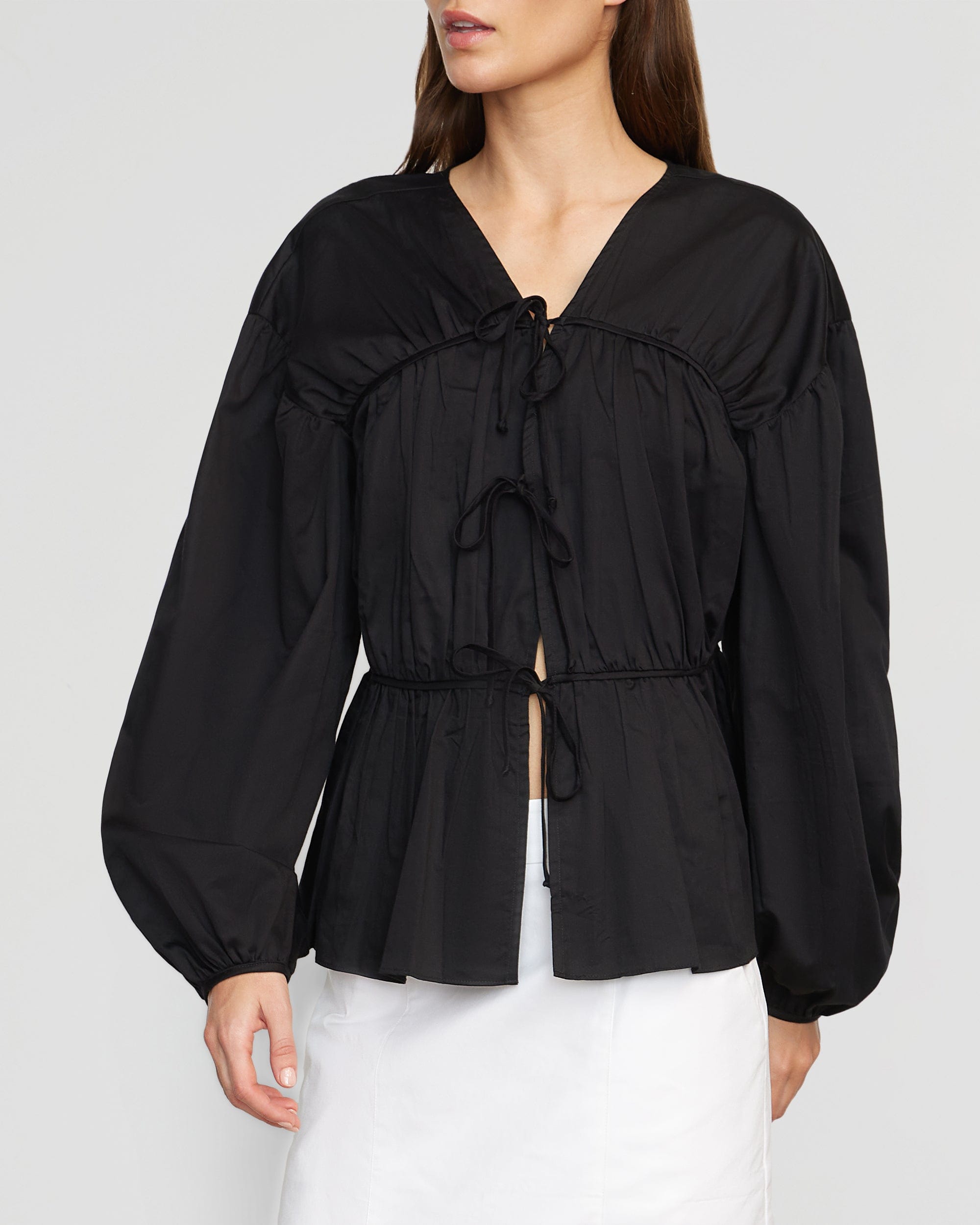 black puff sleeve tie front top