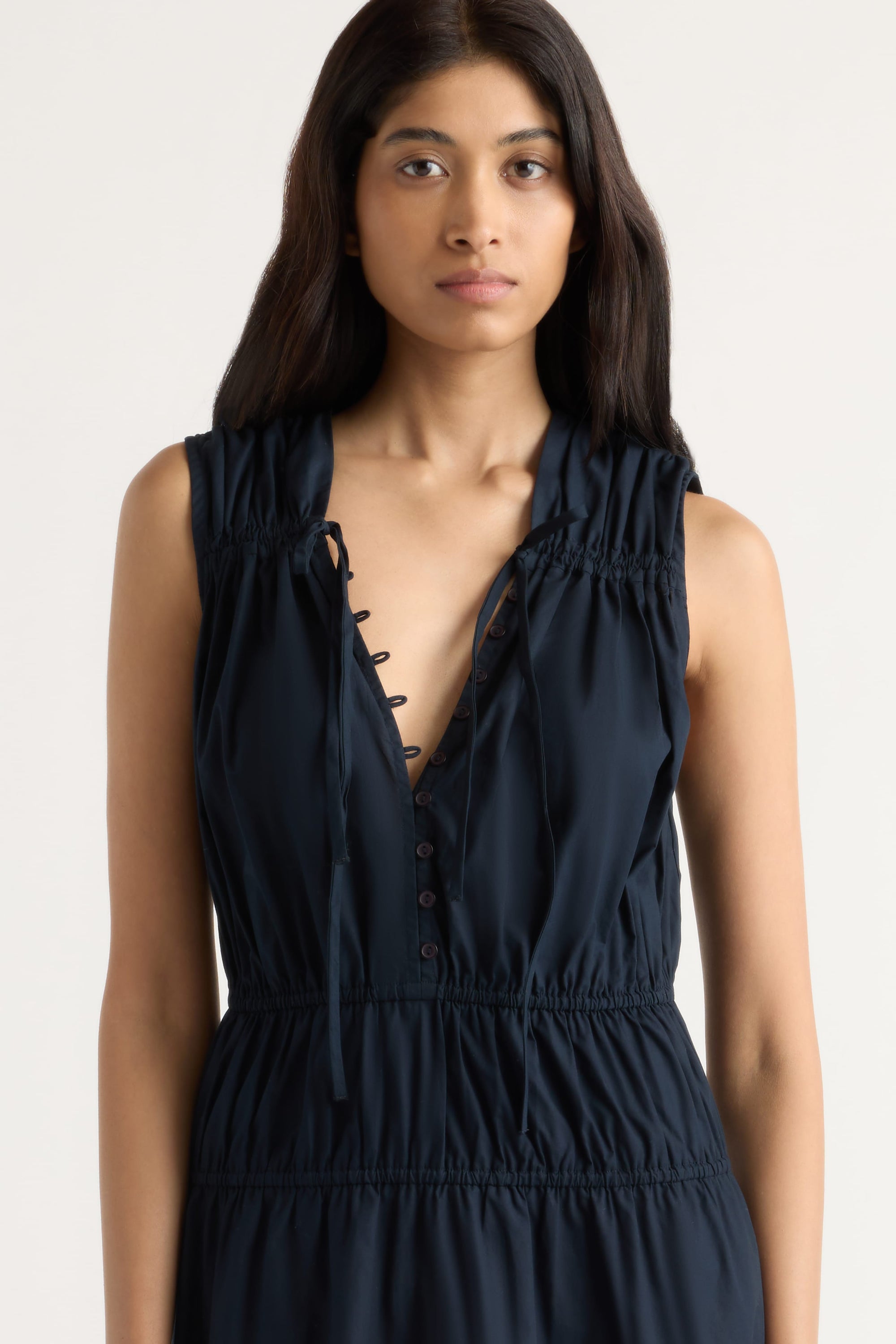 Iga Gathered Organic Cotton Maxi Dress Dark Navy / XS