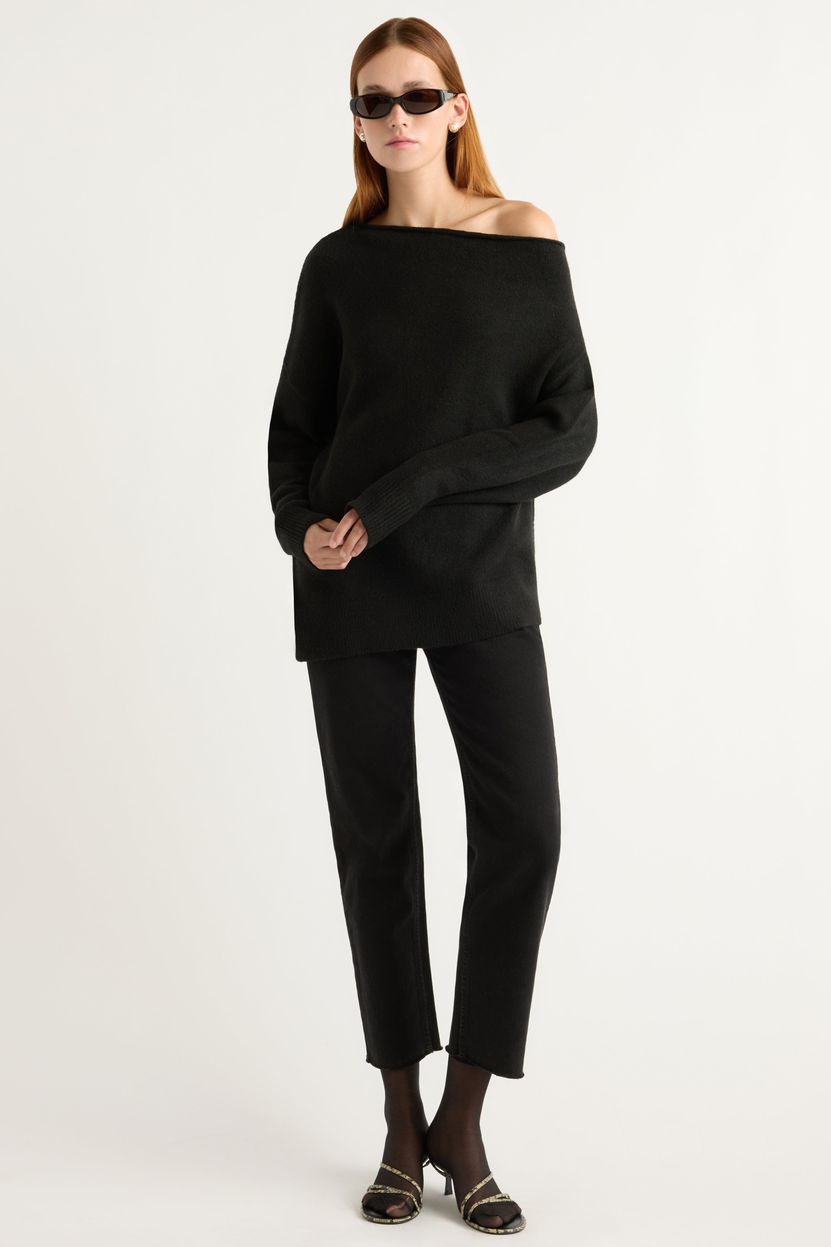 トップス andwang off shoulder over knit black Off shoulder over knit