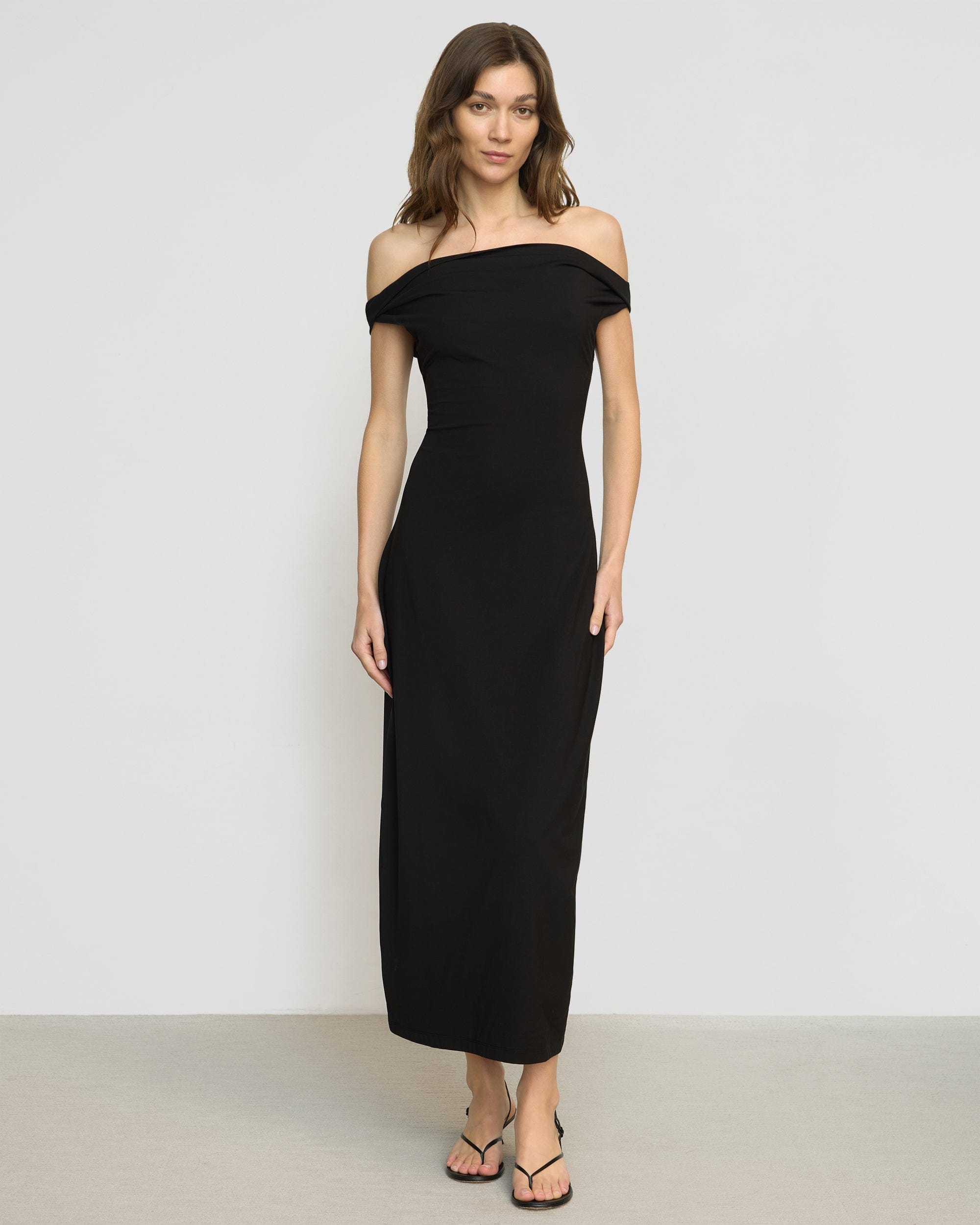 新品未使用　Studio Doe Modal Asymmetric Dress Knot Detail Asymm One Shoulder Luxe Slinky Maxi Dress Stone