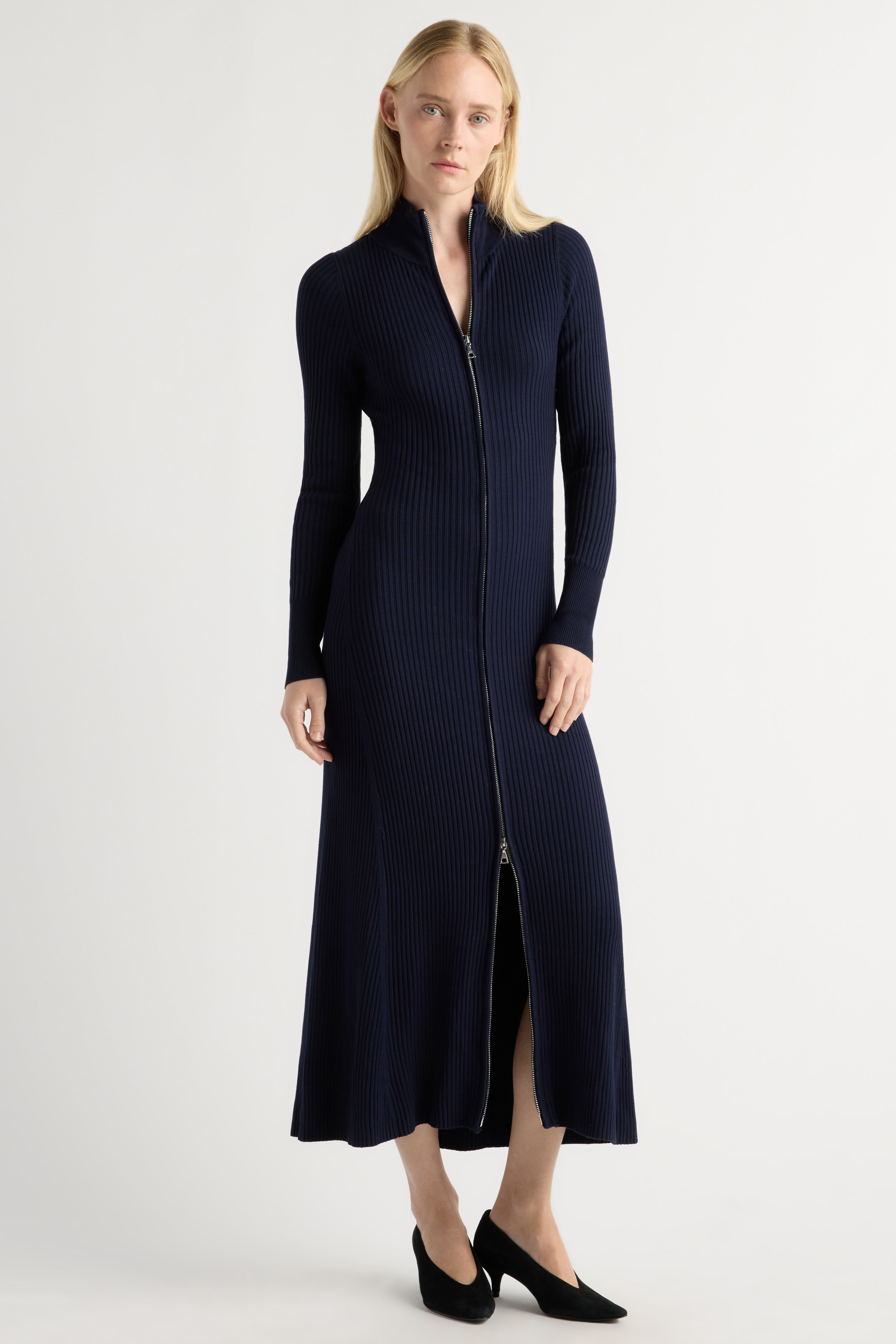 Ribcrafted Knit Dress Set /andwang【最終値下】 Janne Ribbed Two-Way Zip Sweater Dress