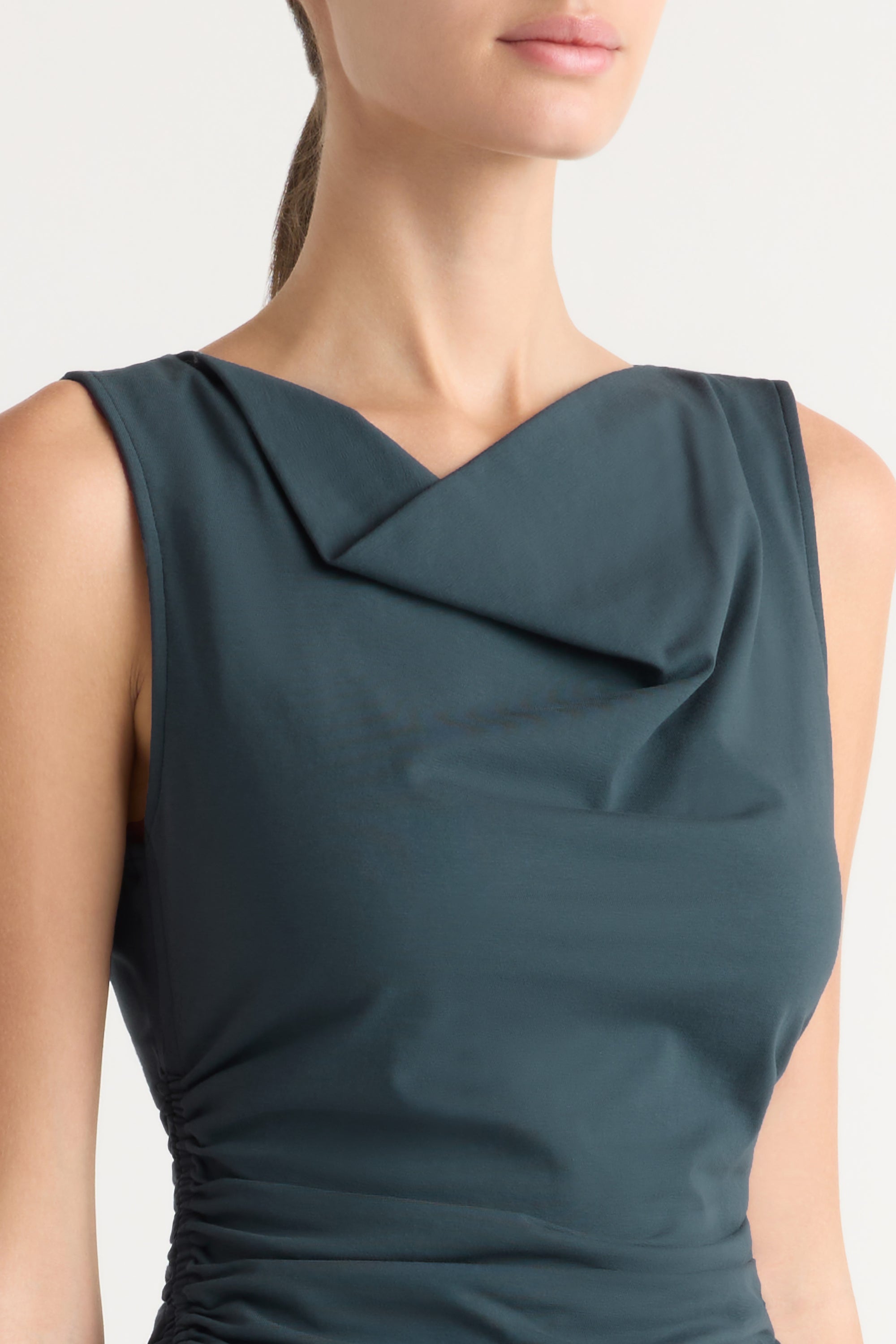 Josie Shirred-Side Cowl-Neck Tee