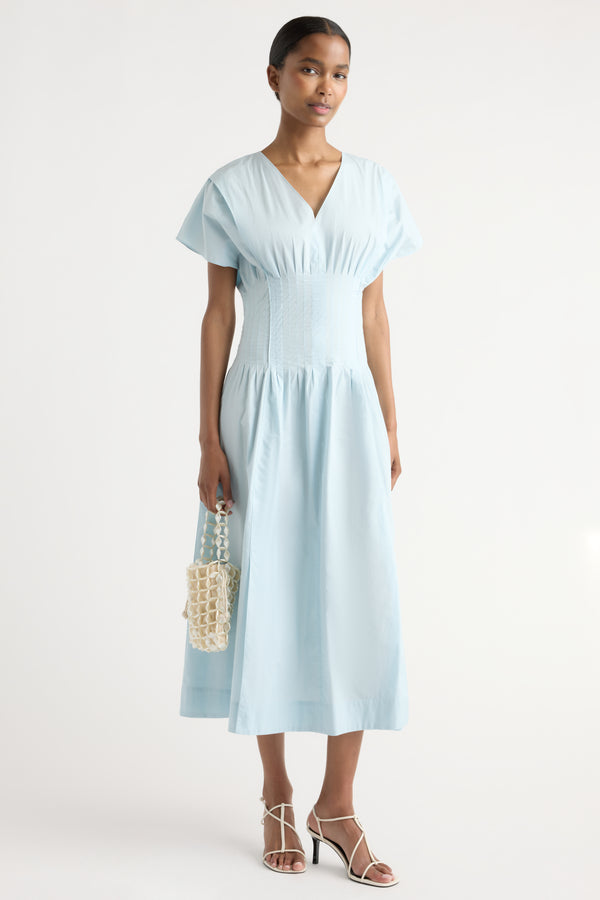 navy blue collared dress Navy Blue Cotton Midi Dress with Pleated Waist and Bow Collar main image 0