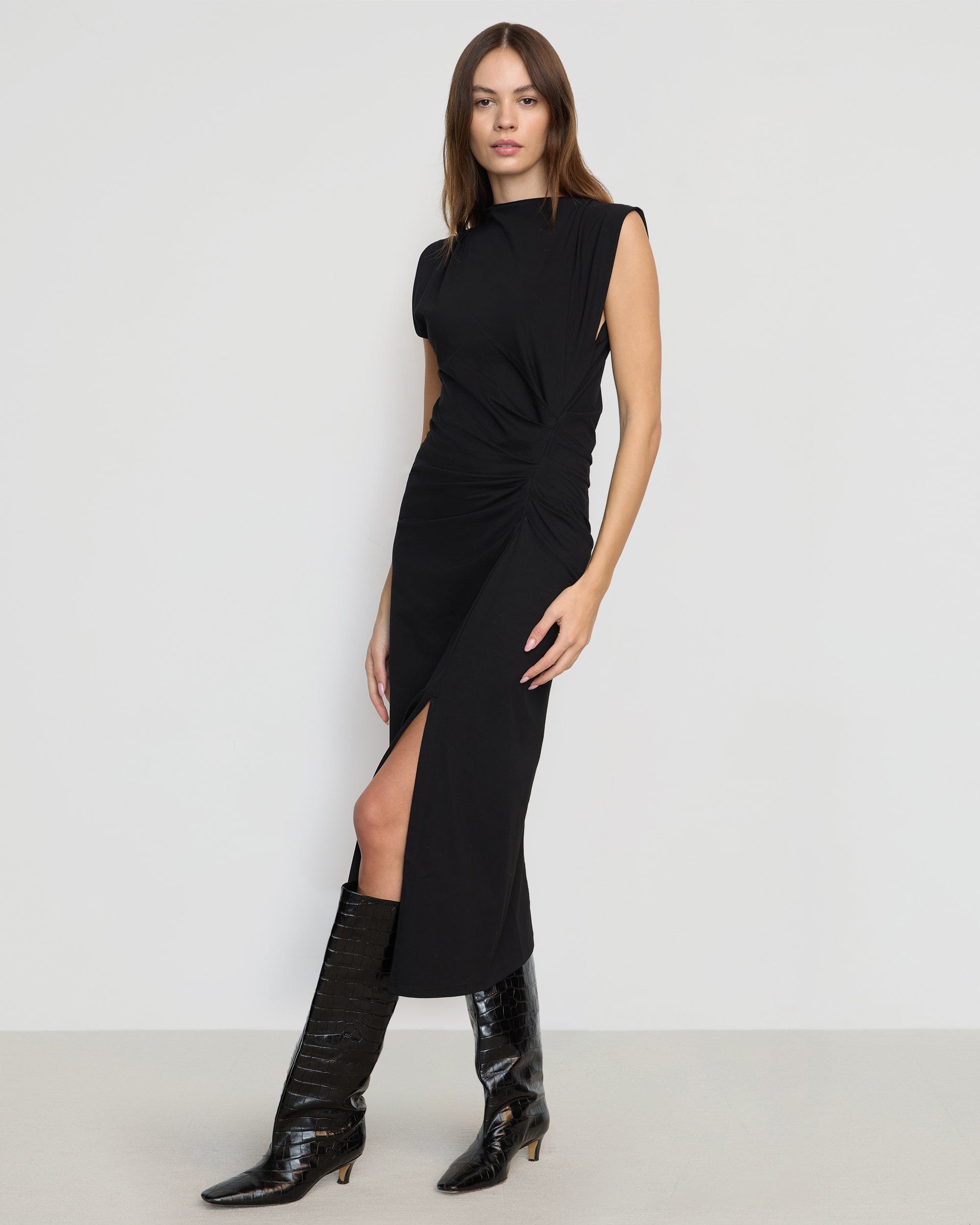 Side Slit Ruched Waist Black Midi Dress Side Slit Ruched Waist Black Midi Dress