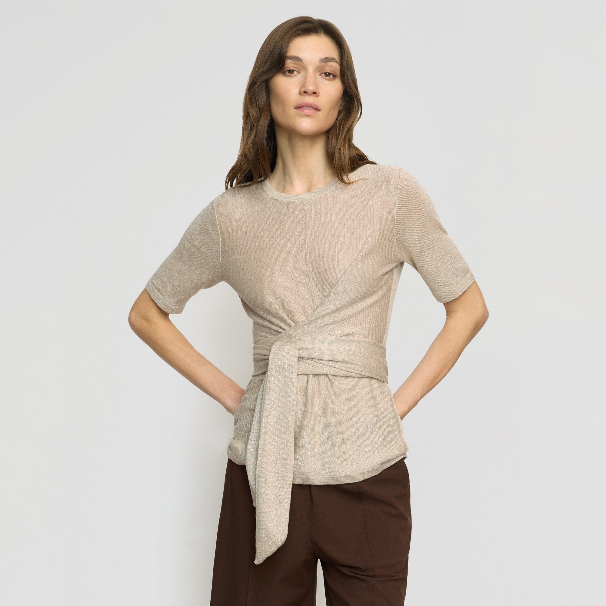 【MODERNIF】Late Linen Open Collar Knit Lark Tie-Front Linen Sweater