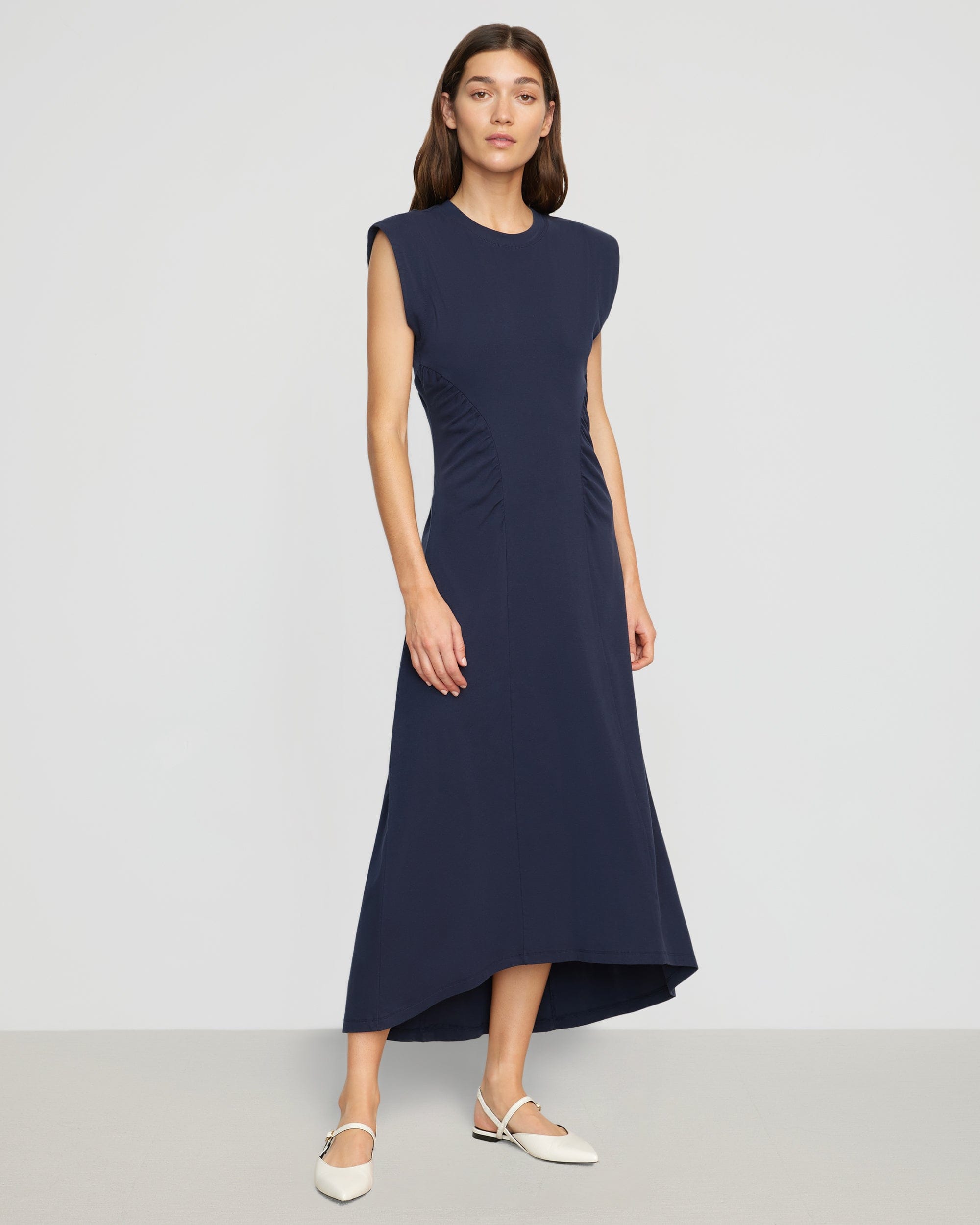 Buy Navy Blue Long Sleeve Ruched Detail Textured Midi Dress from