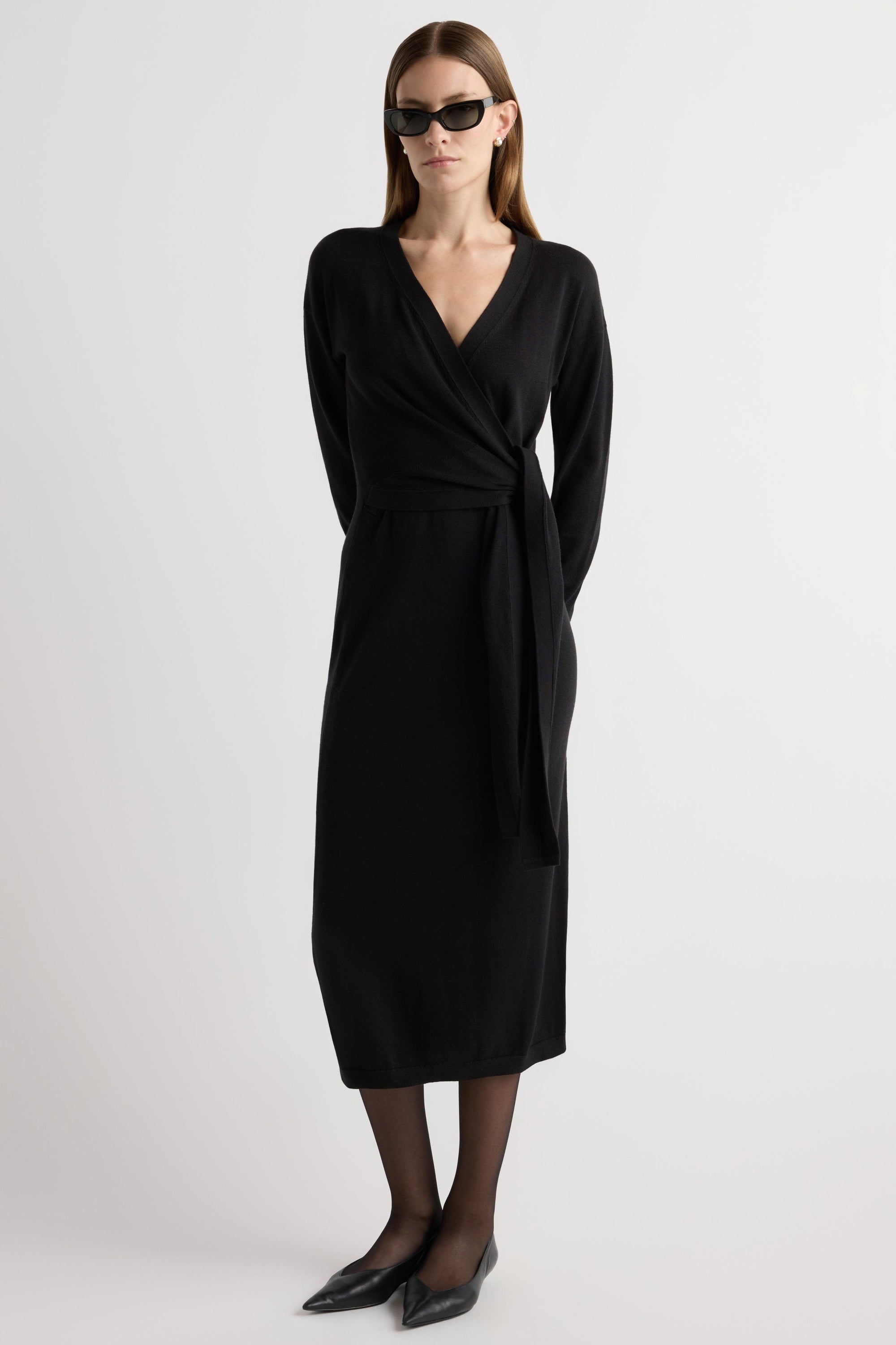 Linden Front-Wrap Sweater Dress Black / Regular / L Linden Front-Wrap Sweater Dress Black / Regular / L