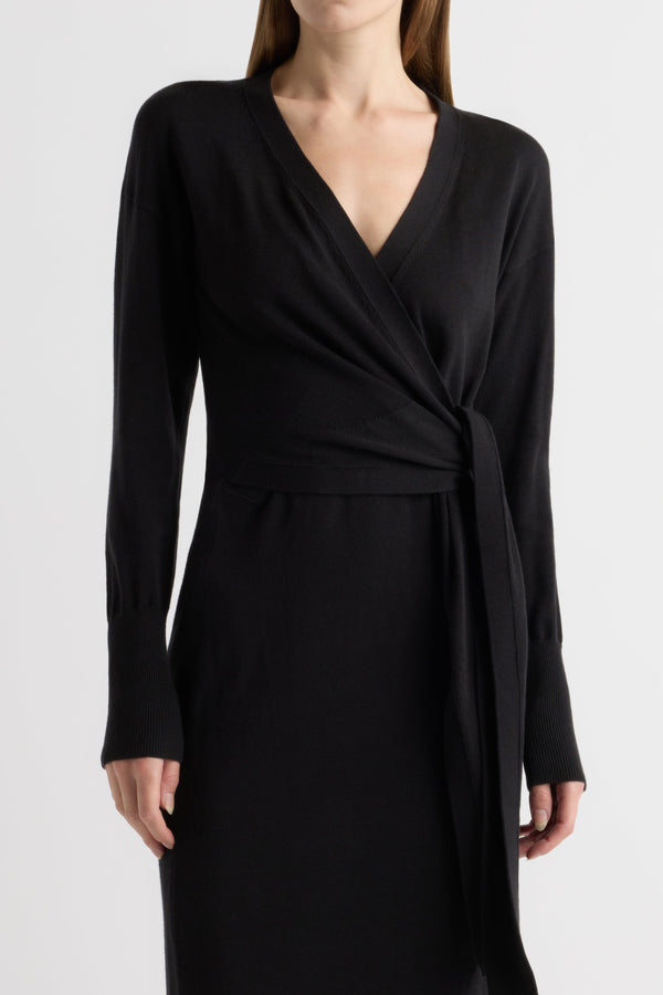 Linden Front-Wrap Sweater Dress Black / Regular / L