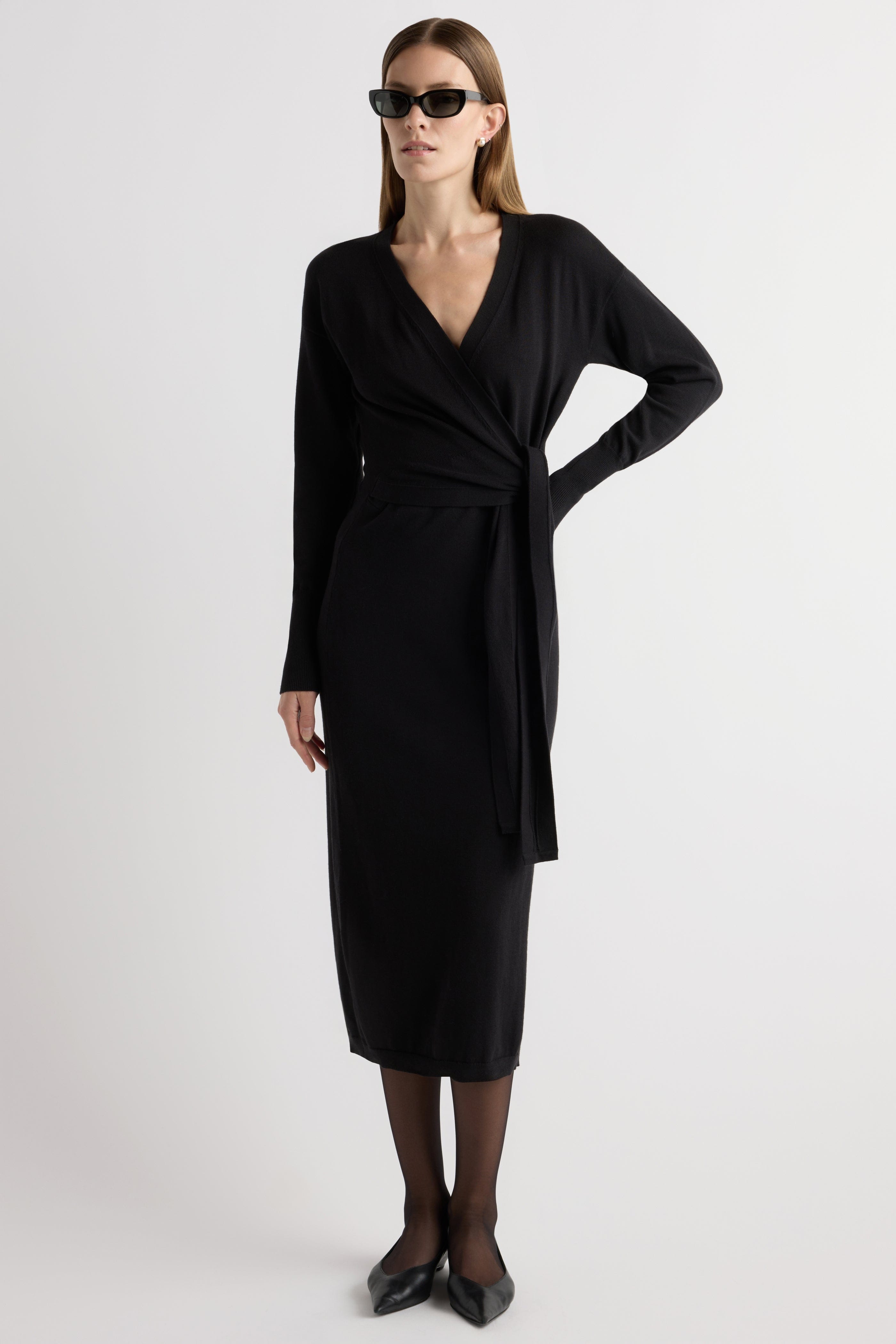 Linden Front-Wrap Sweater Dress Black / Regular / L