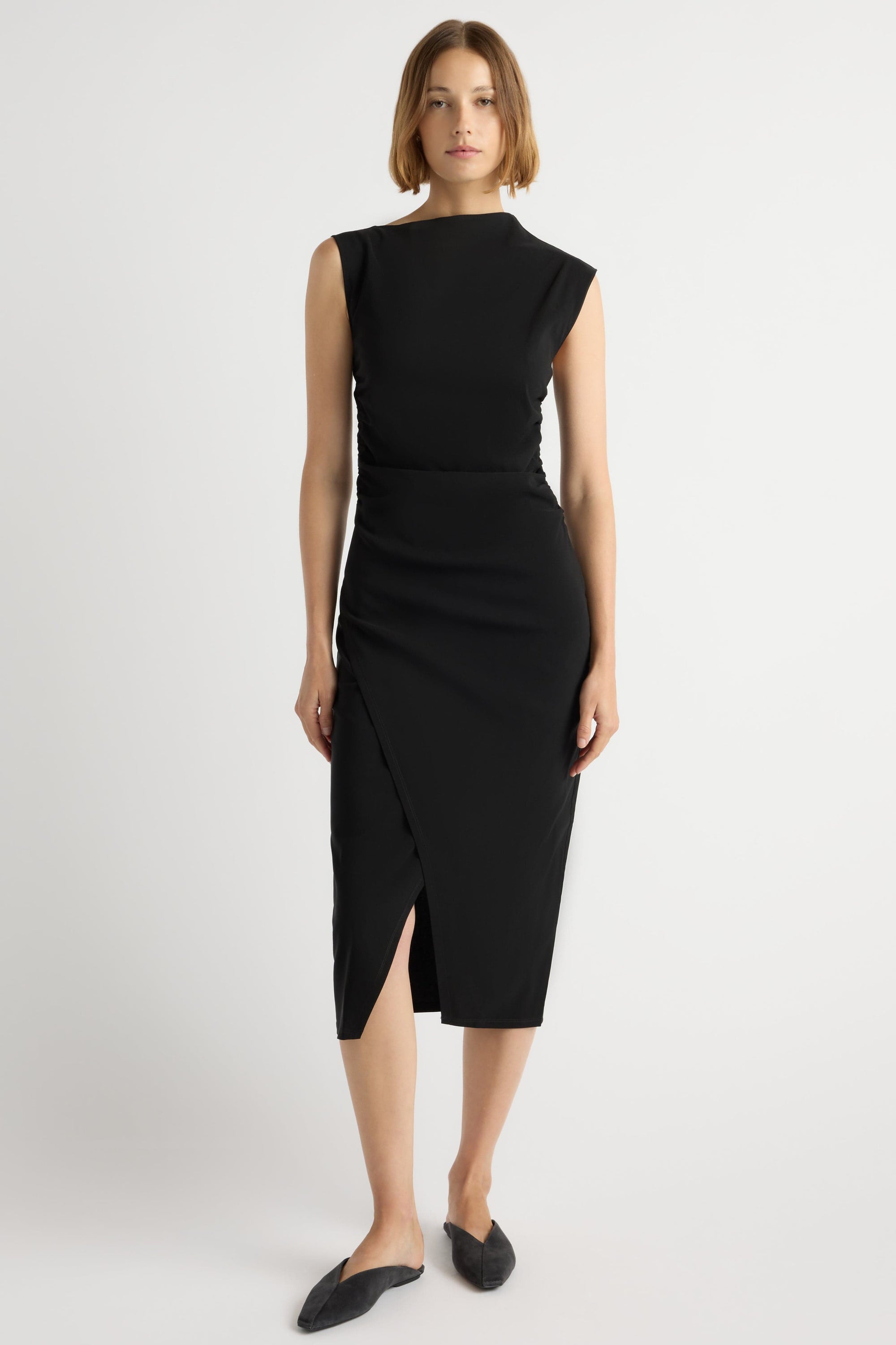 Manon Women's Evening Dress - Asymmetric Ruched Midi Dress in Black, Size L Manon Women's Evening Dress - Asymmetric Ruched Midi Dress in Black, Size L